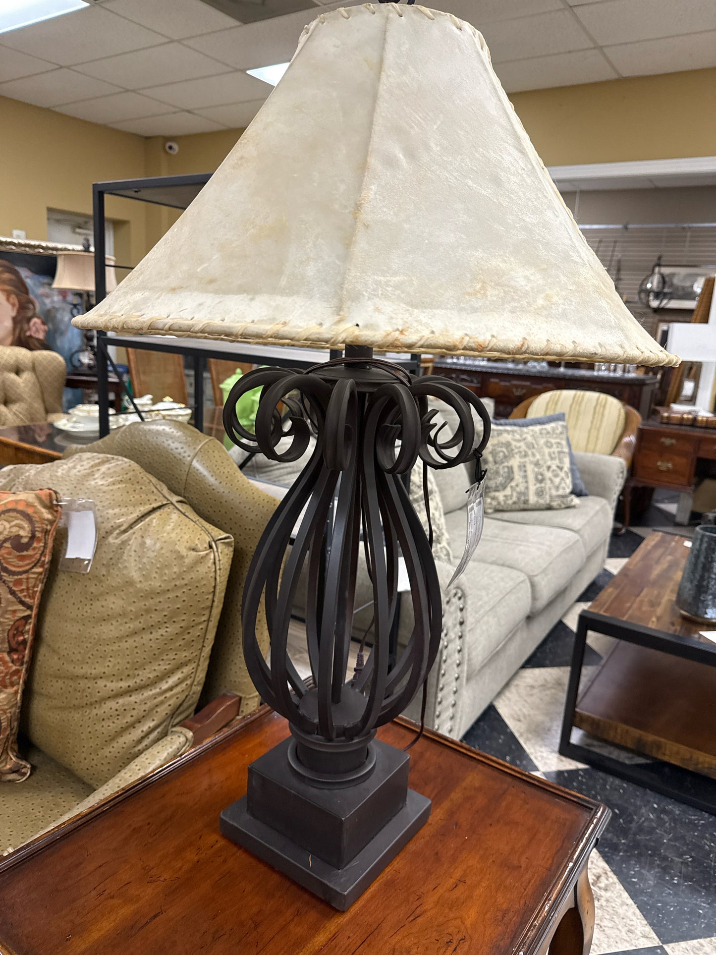 Black Forged Iron Scroll Table Lamp w/ Leather Shade