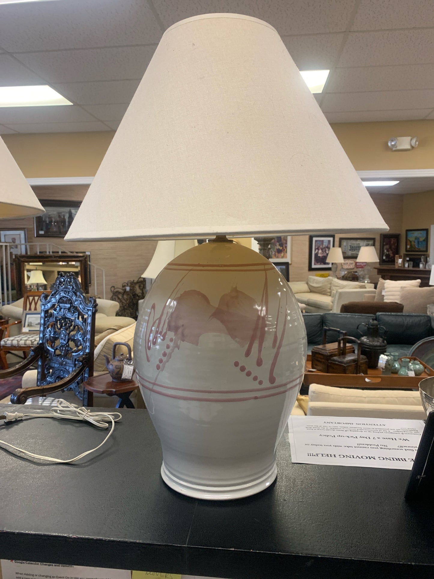 Pink & Cream Pottery Table Lamp w/ Cream Shade 28"