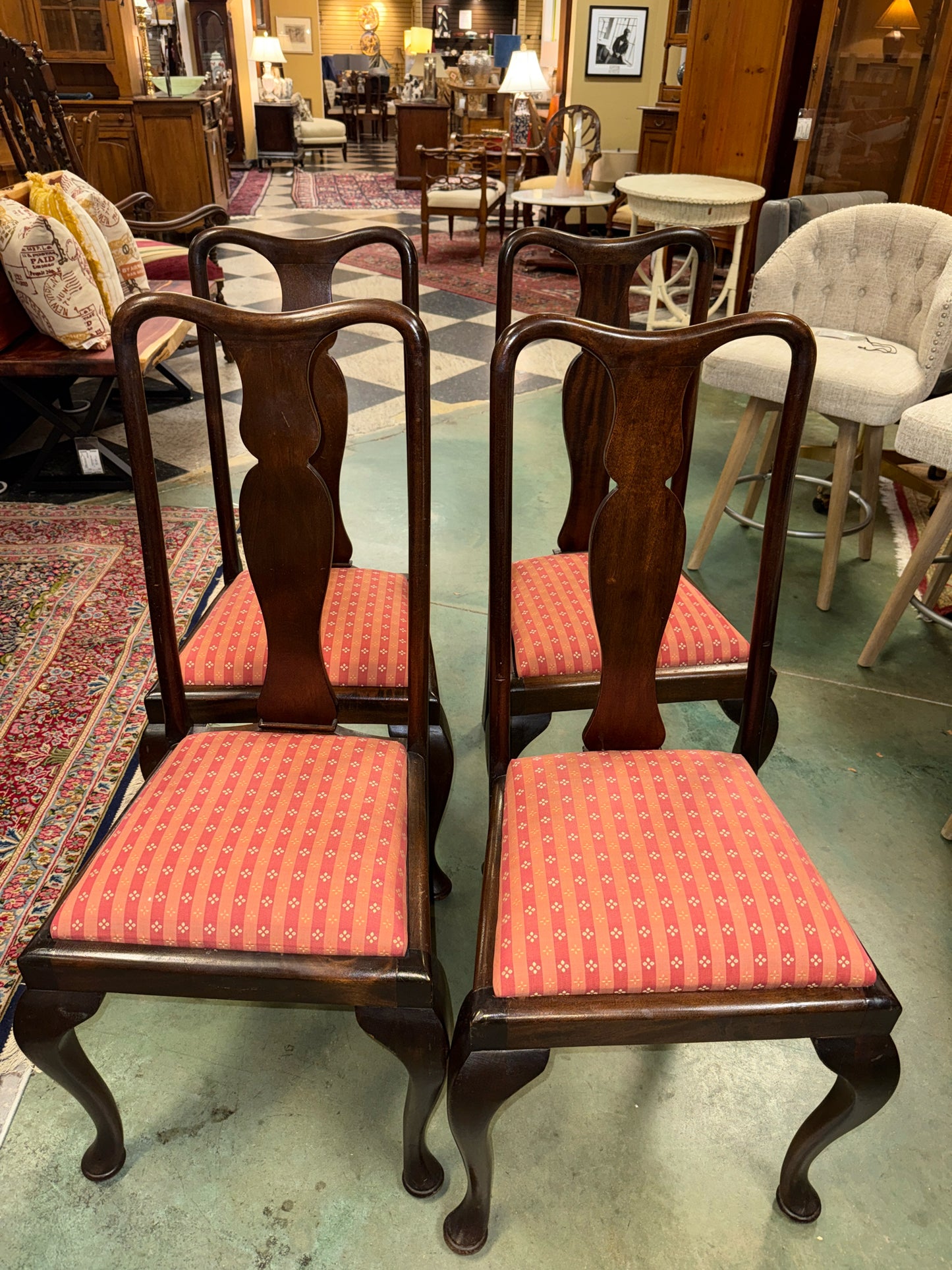 SET (4) - Brown Queen Anne Style Chairs w/ Orange Upholstered Seats