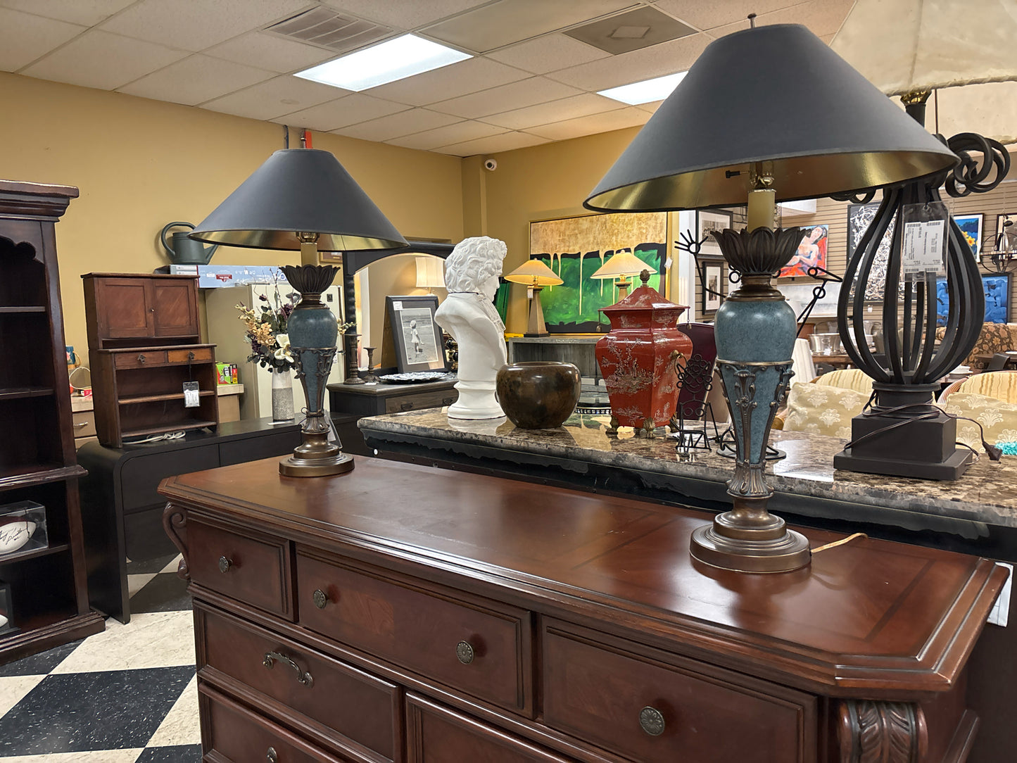 PAIR of Blue Urn Table Lamps w/ Black Shades