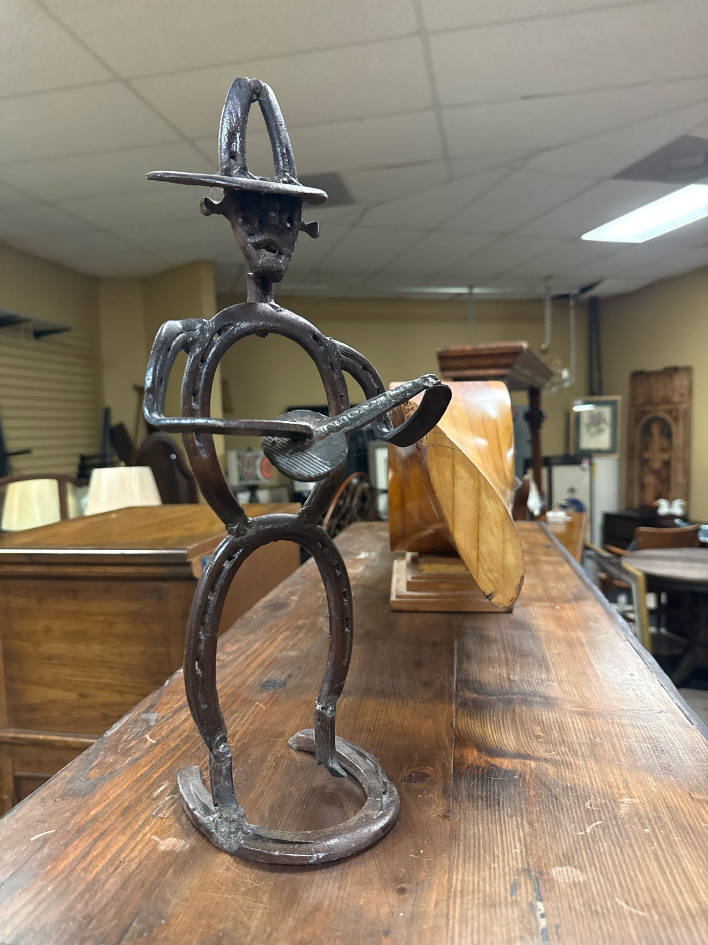 Custom Made Black Steel Sculpture made of Horseshoes- Banjo Man