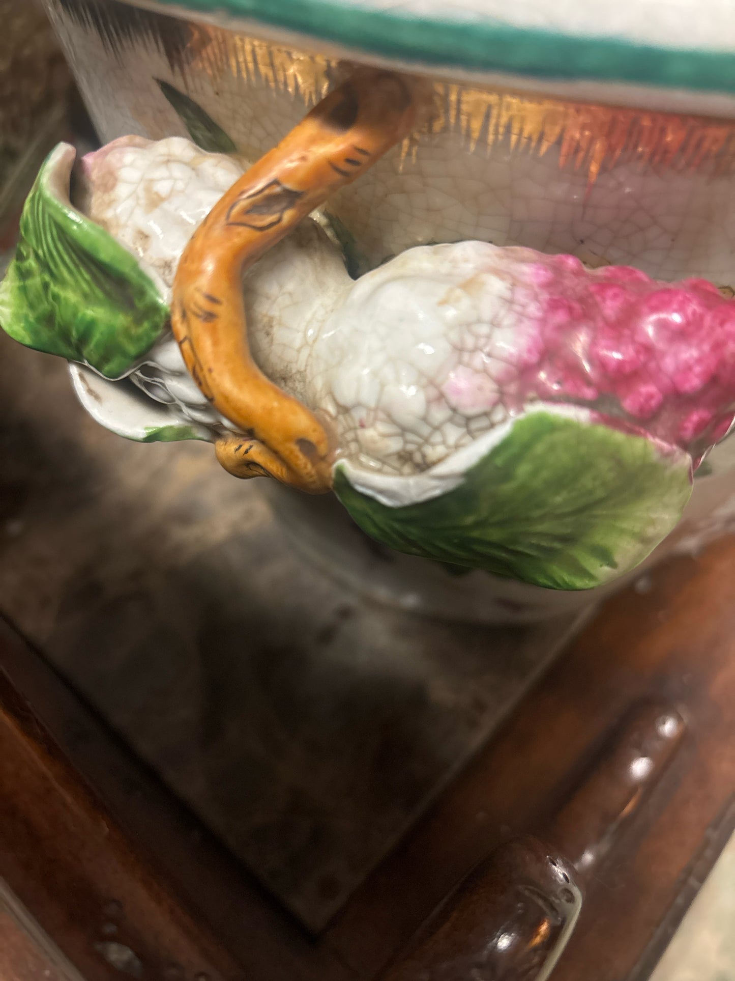 Stamped Asian Planter w/ Fruit & Grapes & Gold Rim (chip on handle)