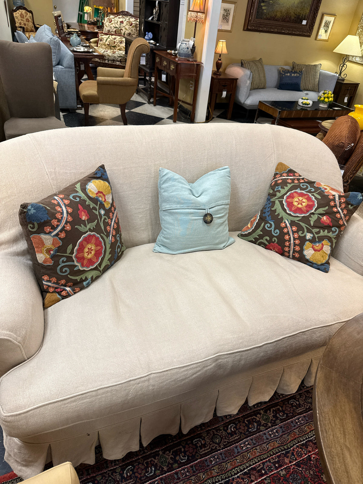 Camel-back Style Settee with Cream Linen Slip Cover w/Dress-maker Skirt