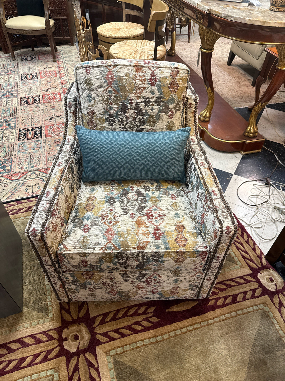 PAIR Ethan Allen NEW Wes Swivel Chairs w/Matching 20" Round Ottoman w/Pillows