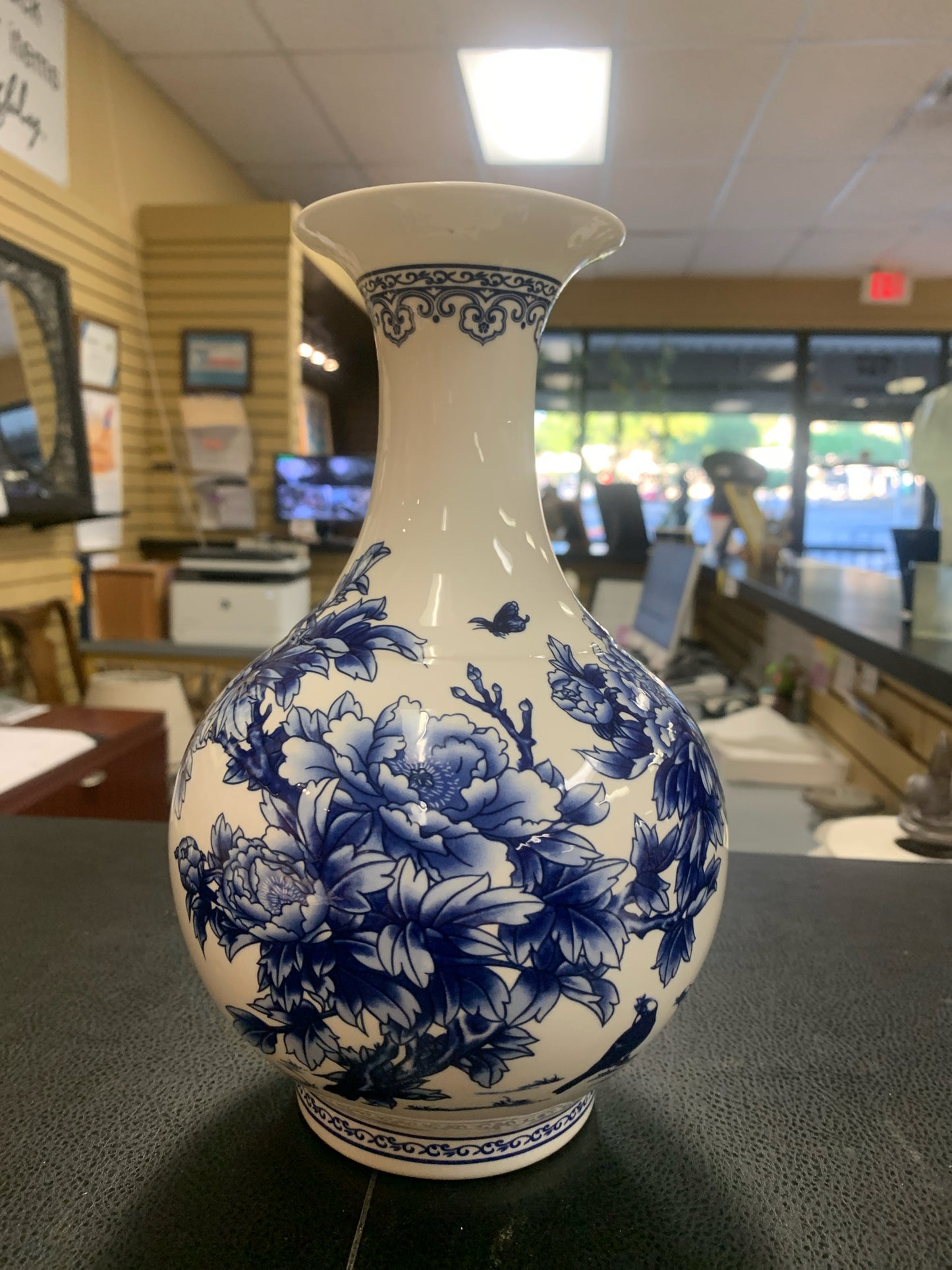 Blue & White Peony Flower w/ Bird & Writing 9.5"