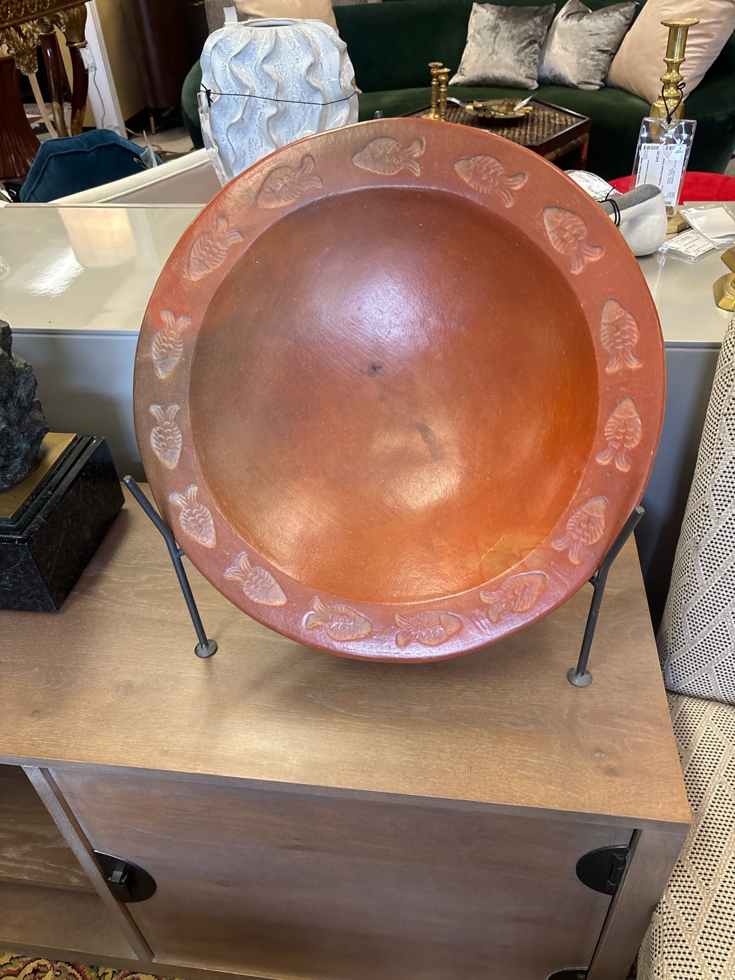 Indonesian Redware Clay Fish Platter w/ Stand