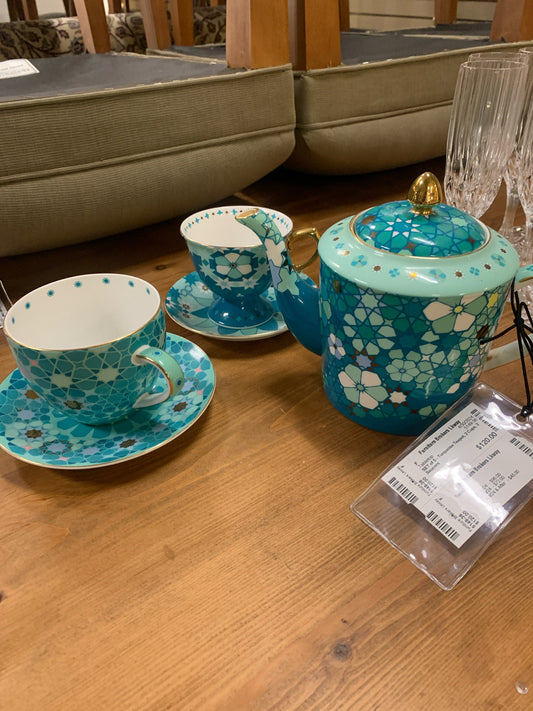 SET of 5 - Turquoise Teapot, 2 Cups, 2 Saucers