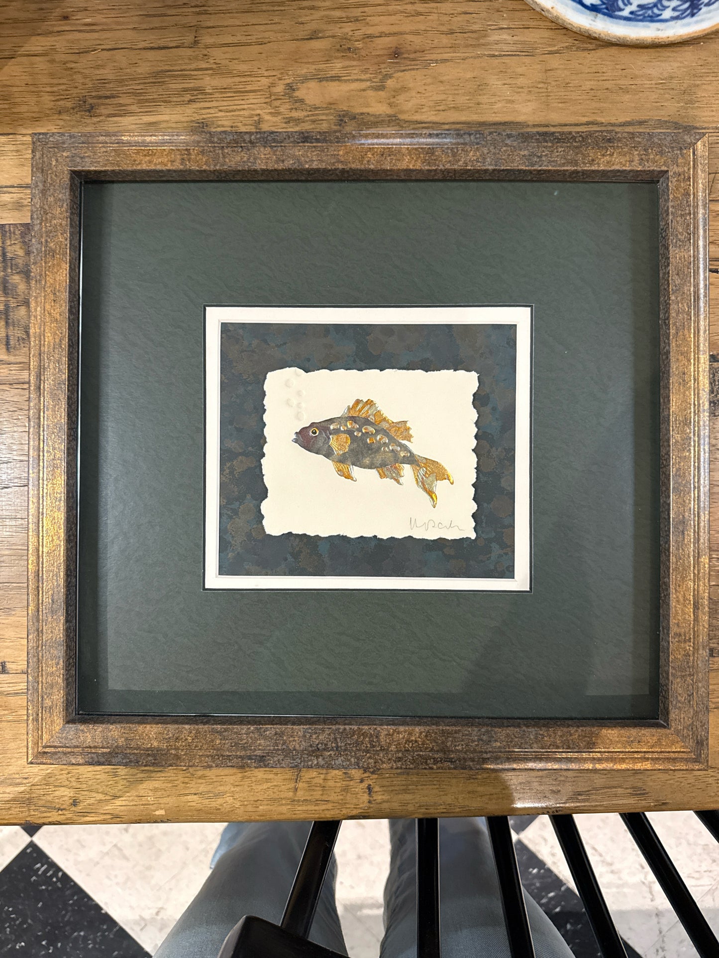 (15" x 16") Signed Mixed Media Painting of Bass Fish in Bronze Frame