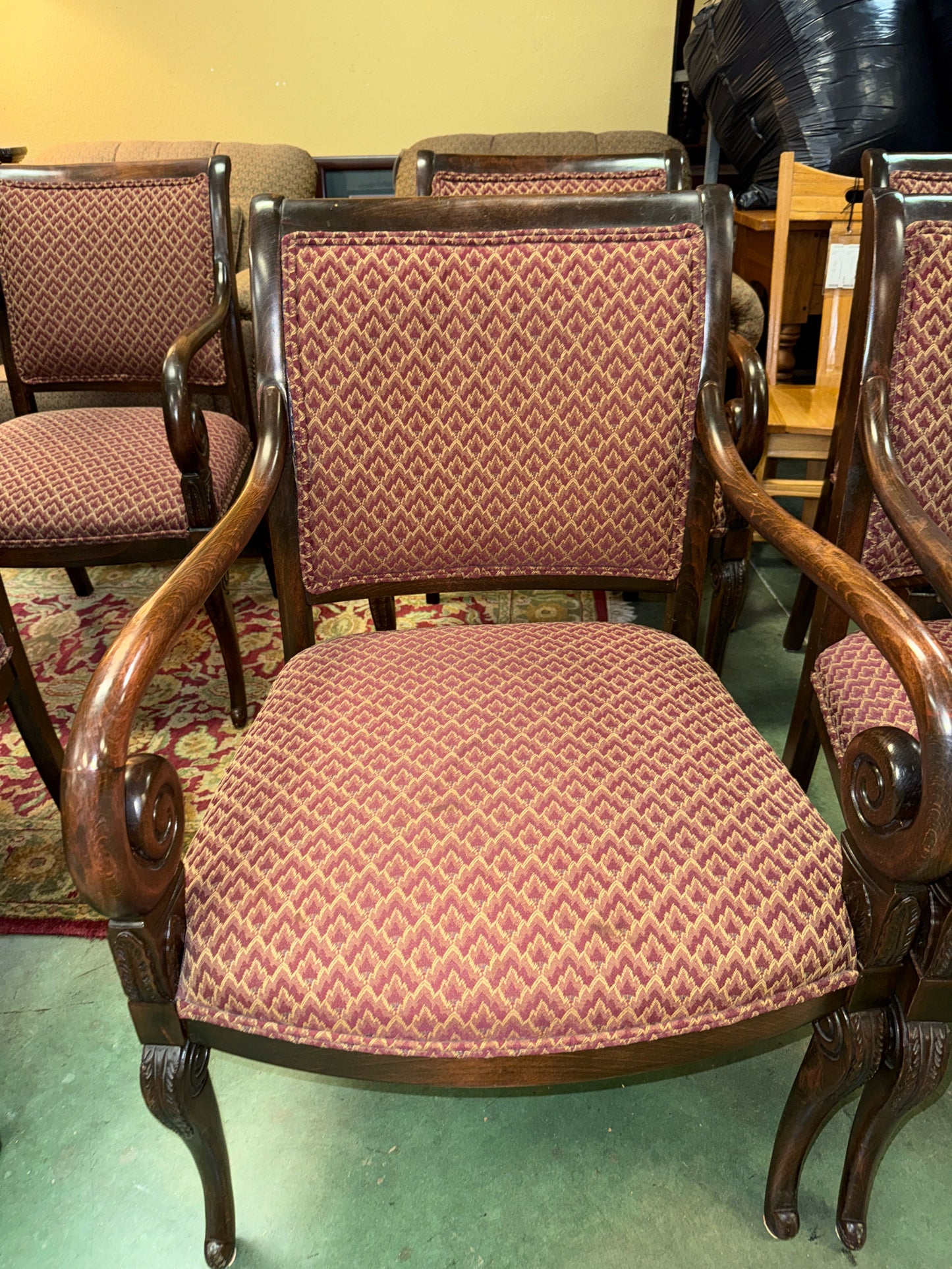 SET Six Traditional Carved Wood Arm Chairs 1890's Upholstered in Damask Brocade