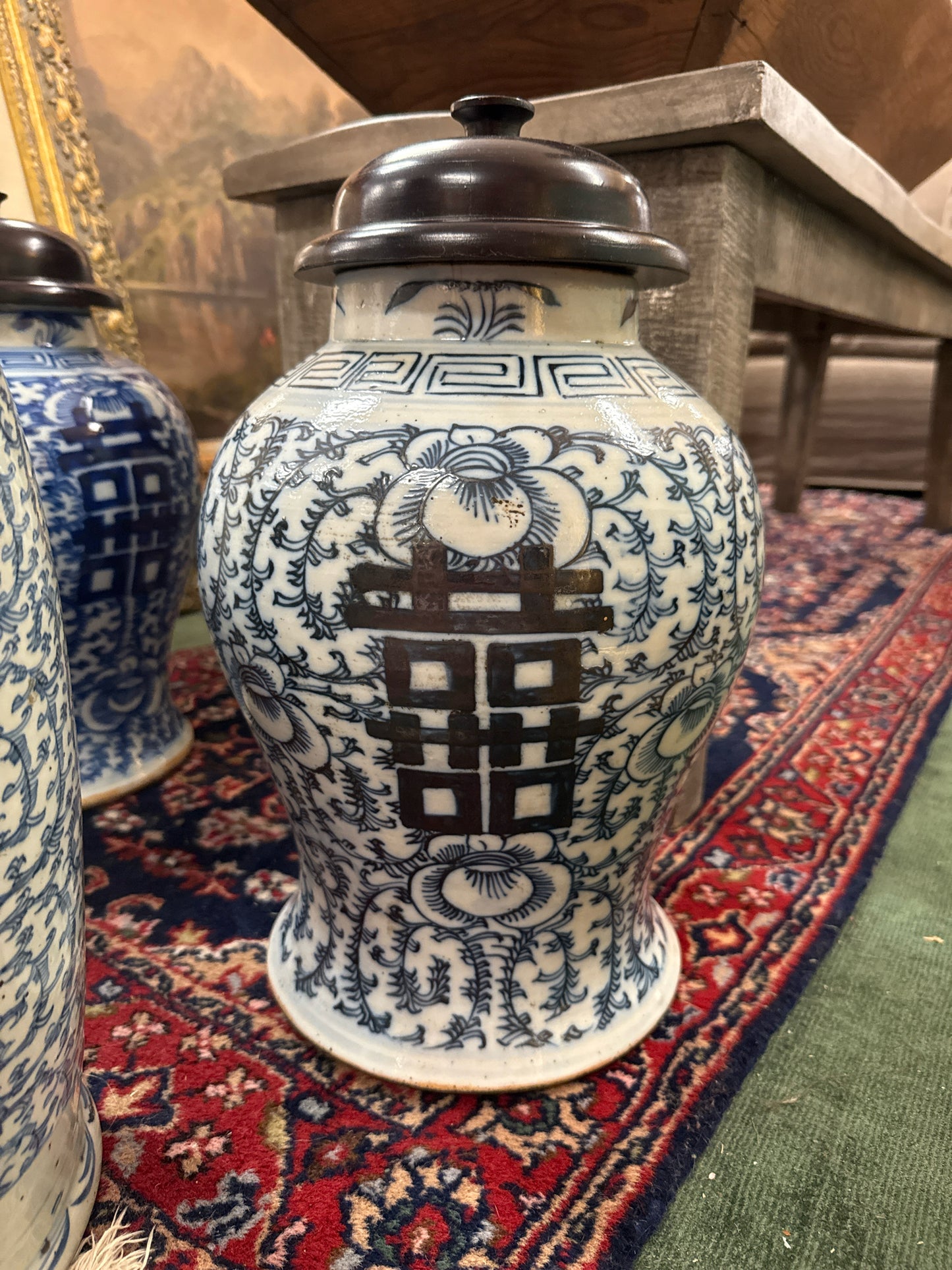 Blue & White Vintage large Ginger Jar w/ Wooden Lid (14")