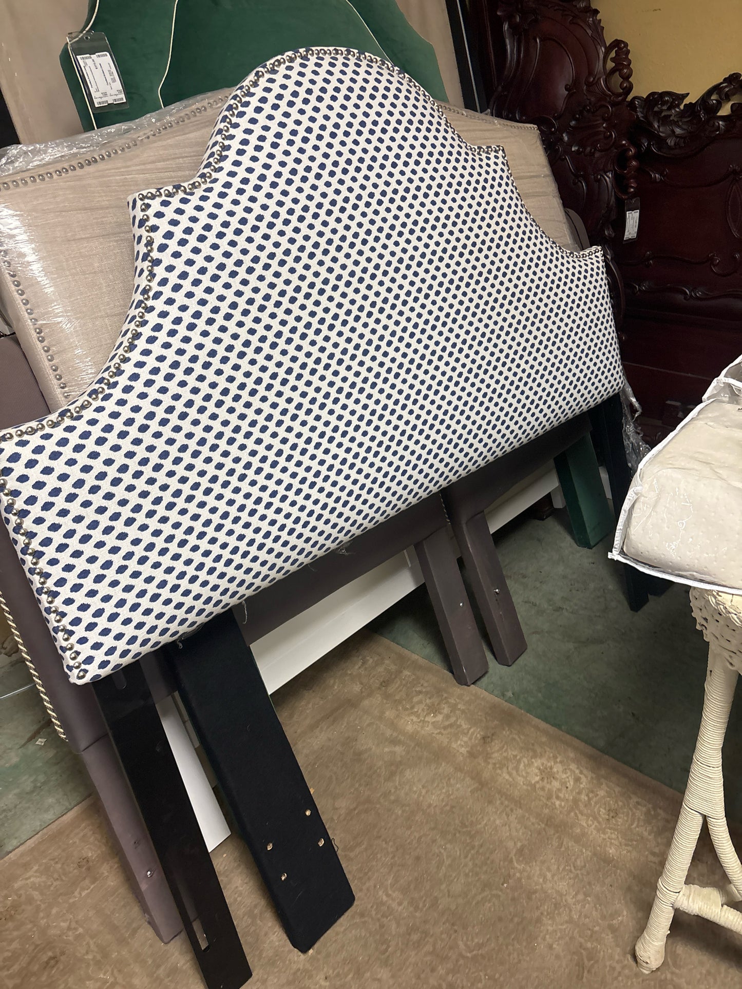 Queen Upholstered Blue & White Headboard w/ Nailheads
