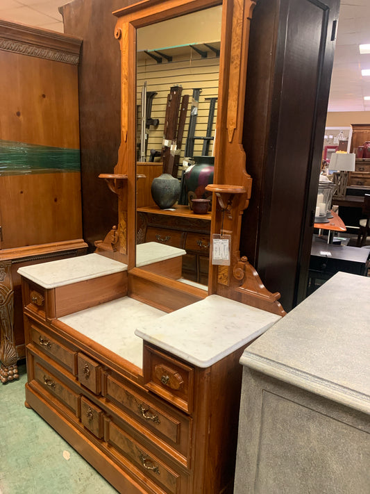Antique Dresser w/ Burled Wood & Mirror w/ Marbled Top
