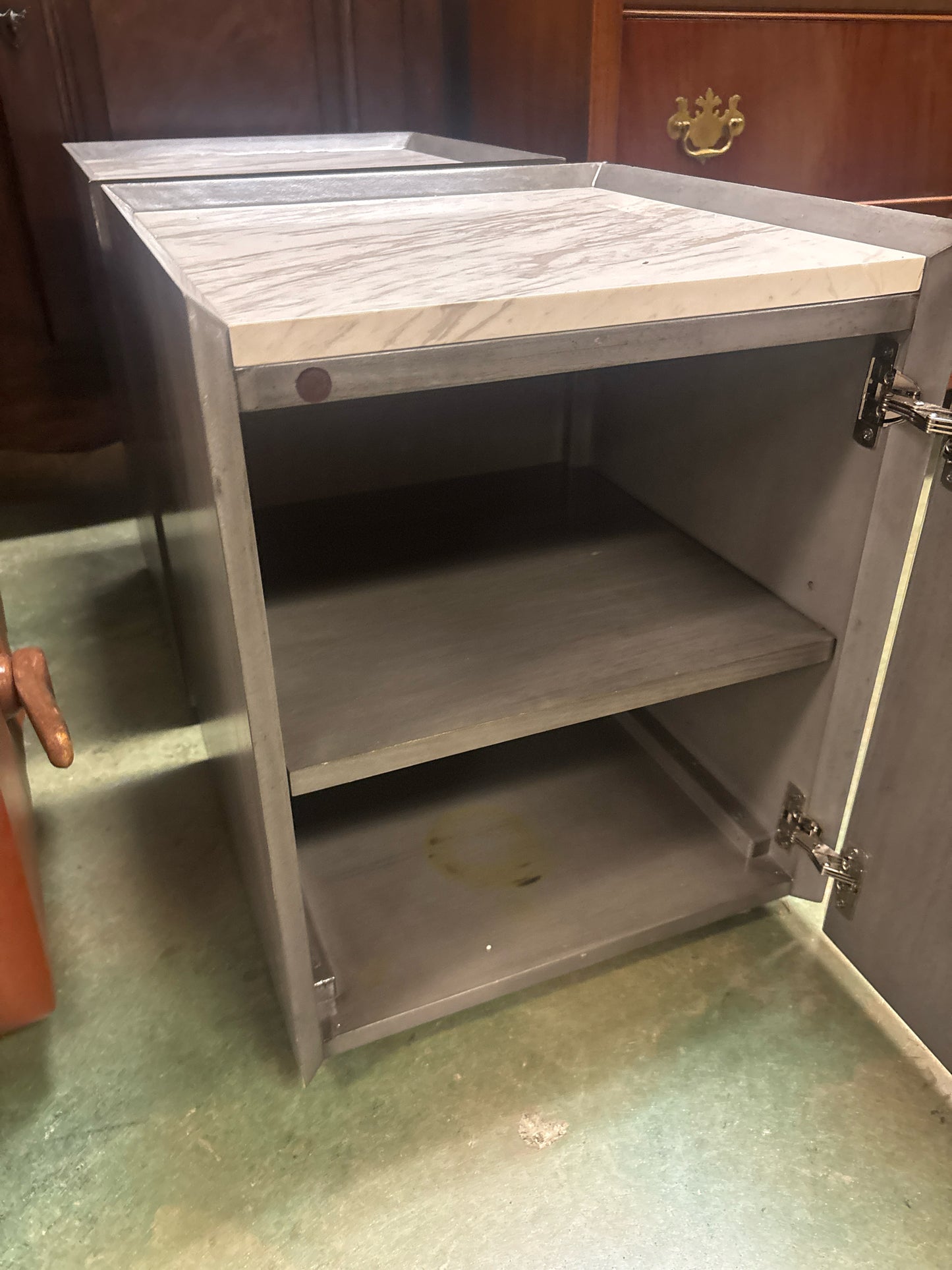 Gray CB2 Square Side Table w/ Marble Top/Door/Shelf Inside (17x17x21 1/4)