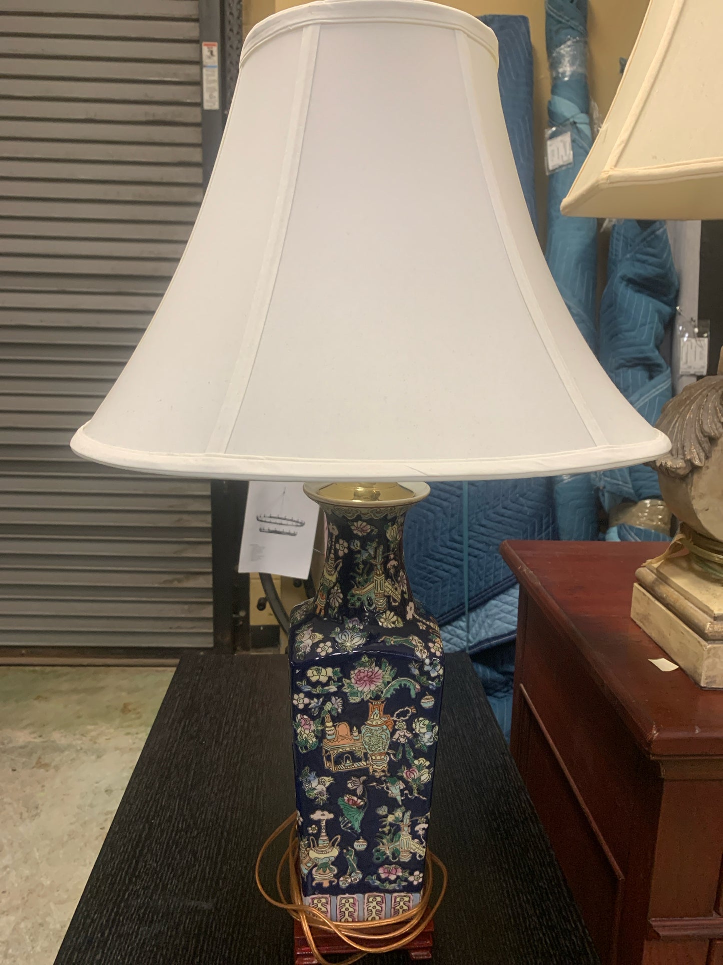 Blue Hand-Painted Asian Lamp w/ White Shade 30"