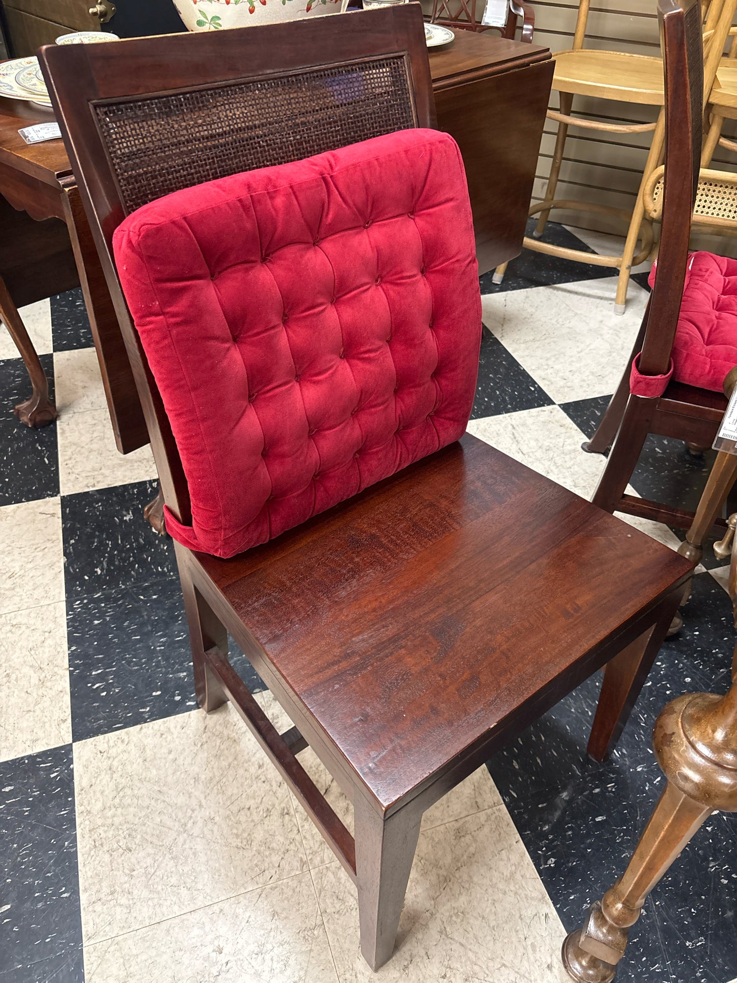 SET of 4 Wood Dining Chairs w/ Cane Backs and Removable Red Cushions