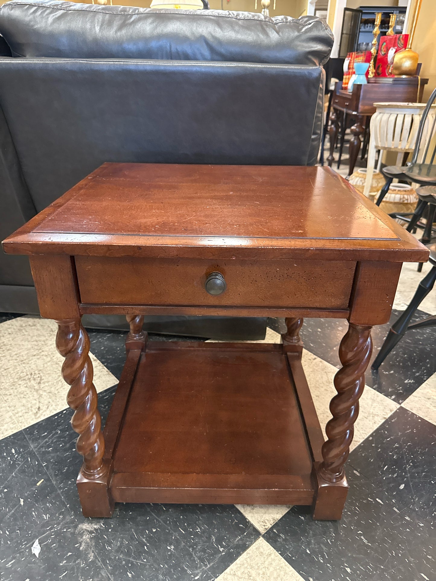 Pottery Barn Wood Side Table w/ Barley Twist Legs and Lower Shelf