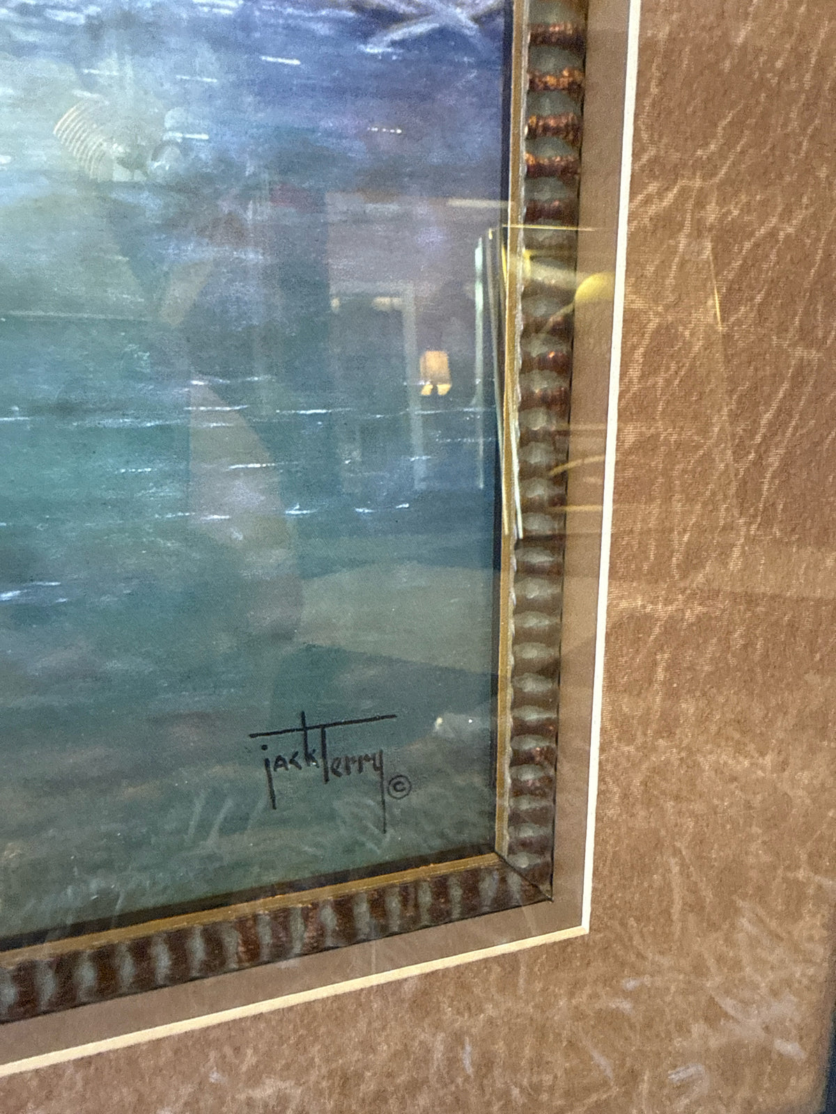Signed Print-Jack Terry "Saddled in the Shadows"w/Ornate/Gold Rustic Wood Frame(