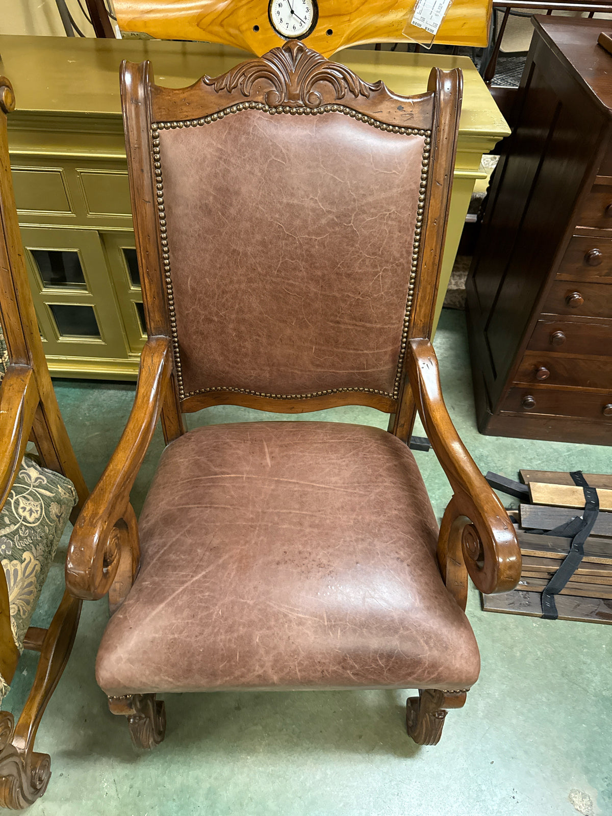 Brown Leather Accent Arm Chair w/Carved Wood