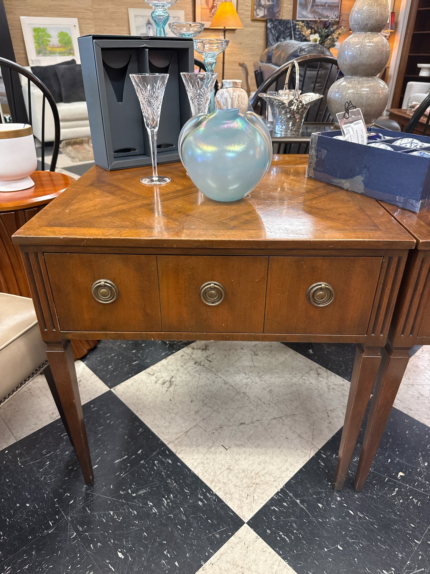 Kittinger Buffalo MCM Square SideTable Banded Parquetry Top Brass Pulls