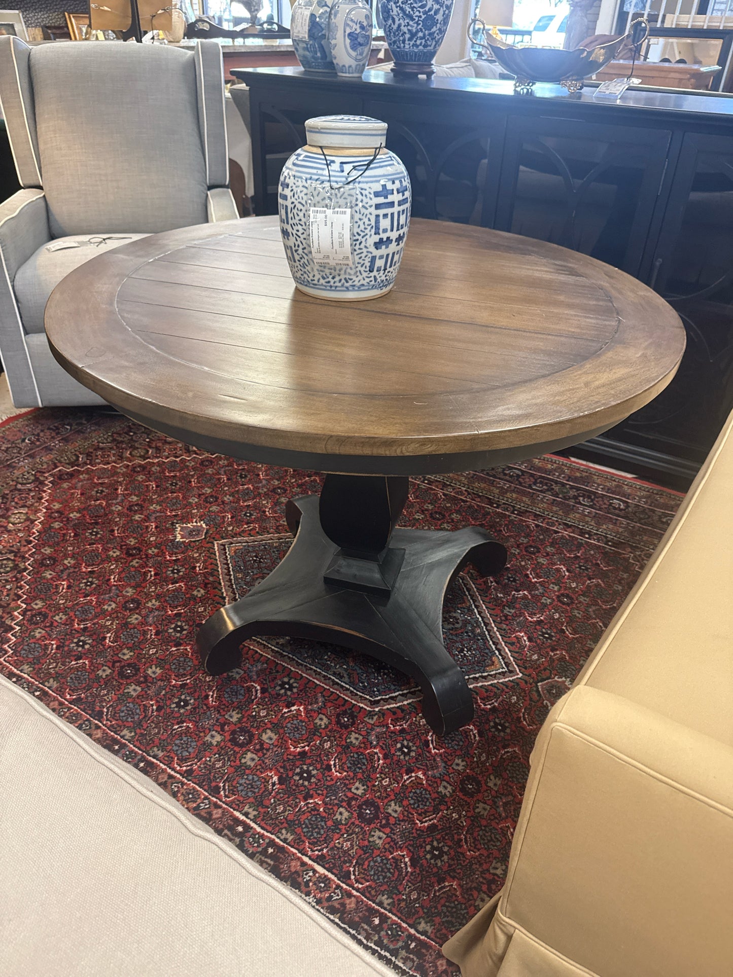 39" Ethan Allen Round Entry Table w/Black Pedestal Base
