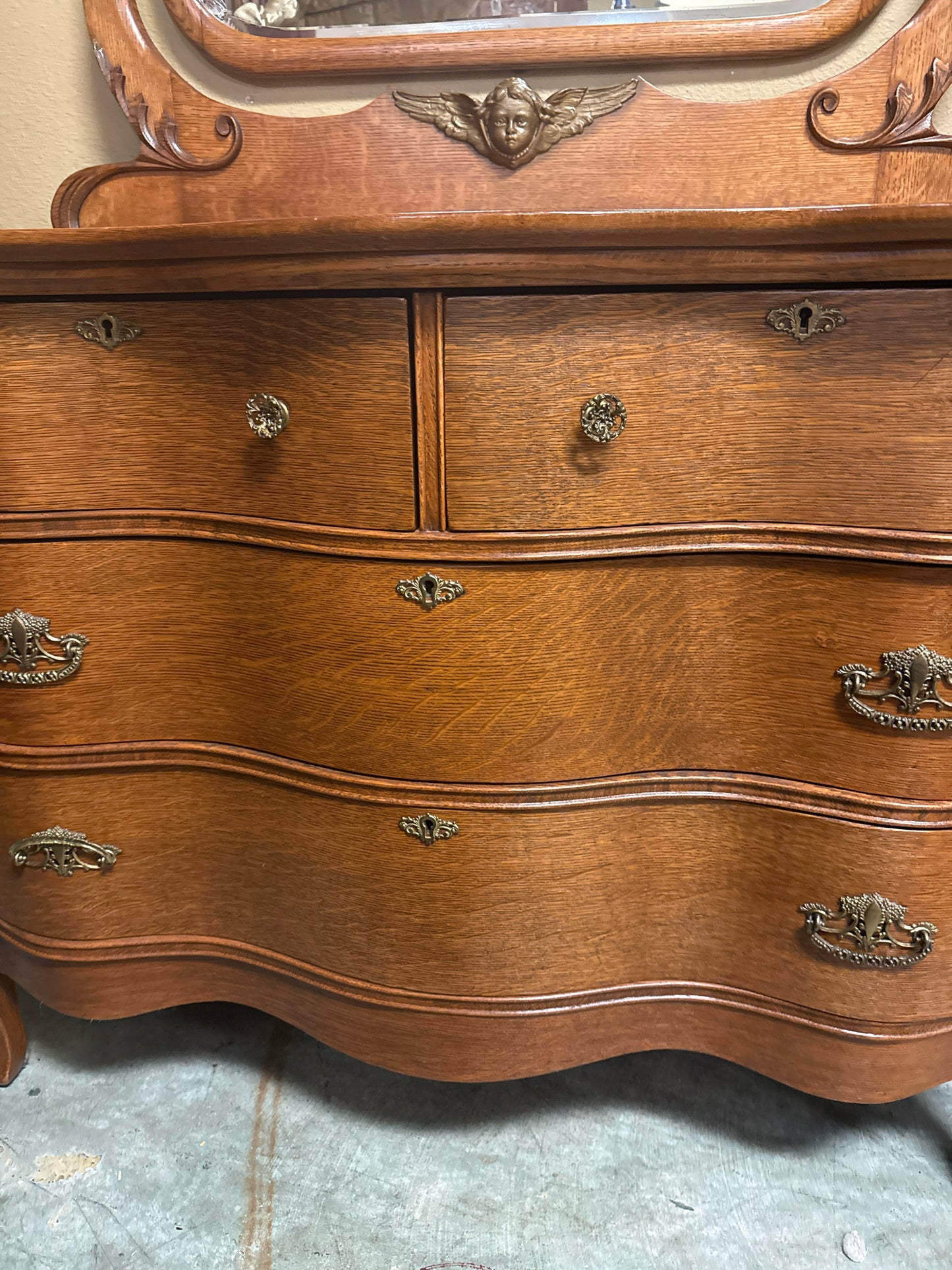 Antique Birdseye Maple Serpentine Dresser w/ Beveled Mirror