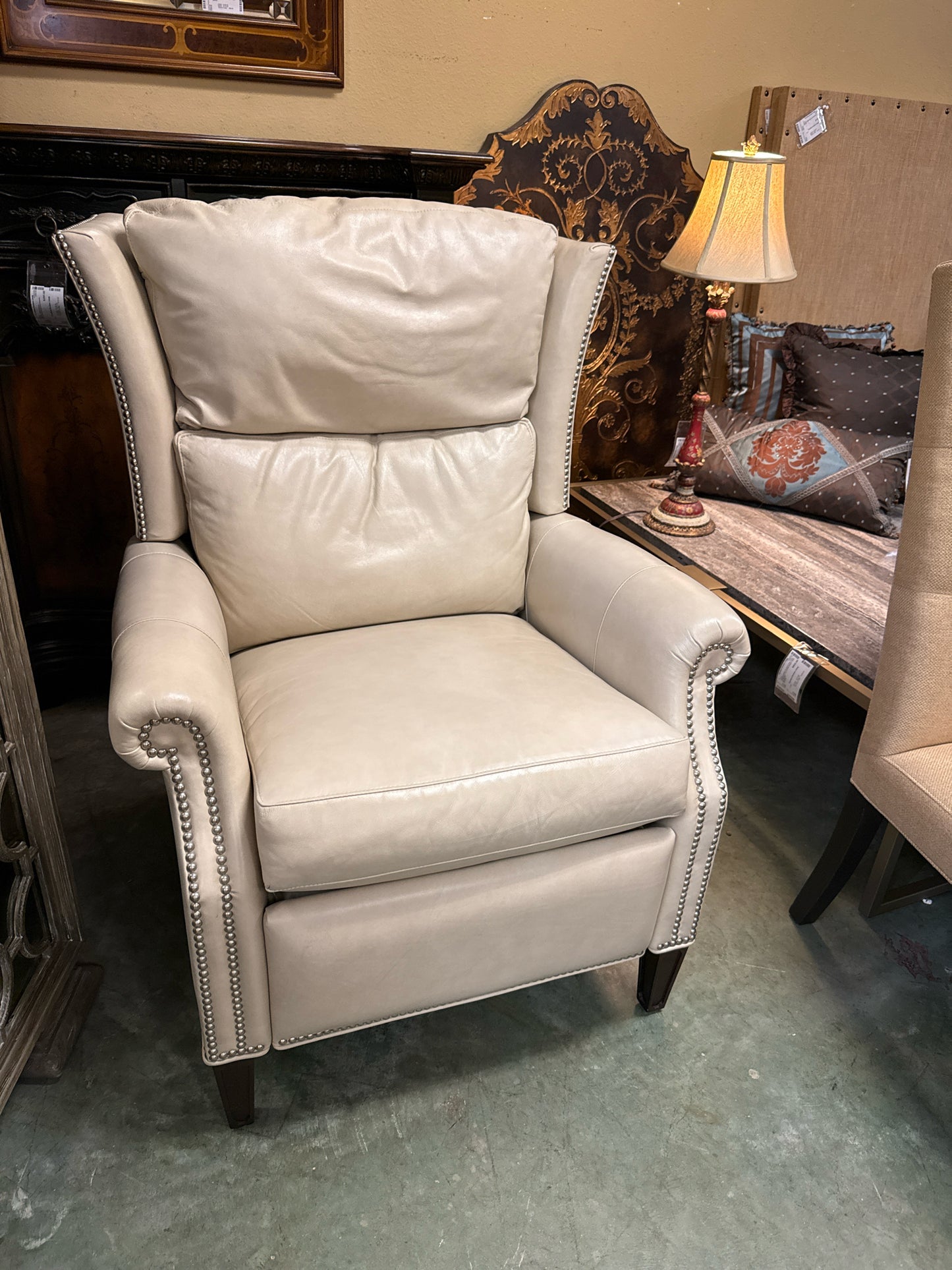 Sherrill- White/Cream Leather Manual Recliner w/Silver Nailheads(Never Been Used