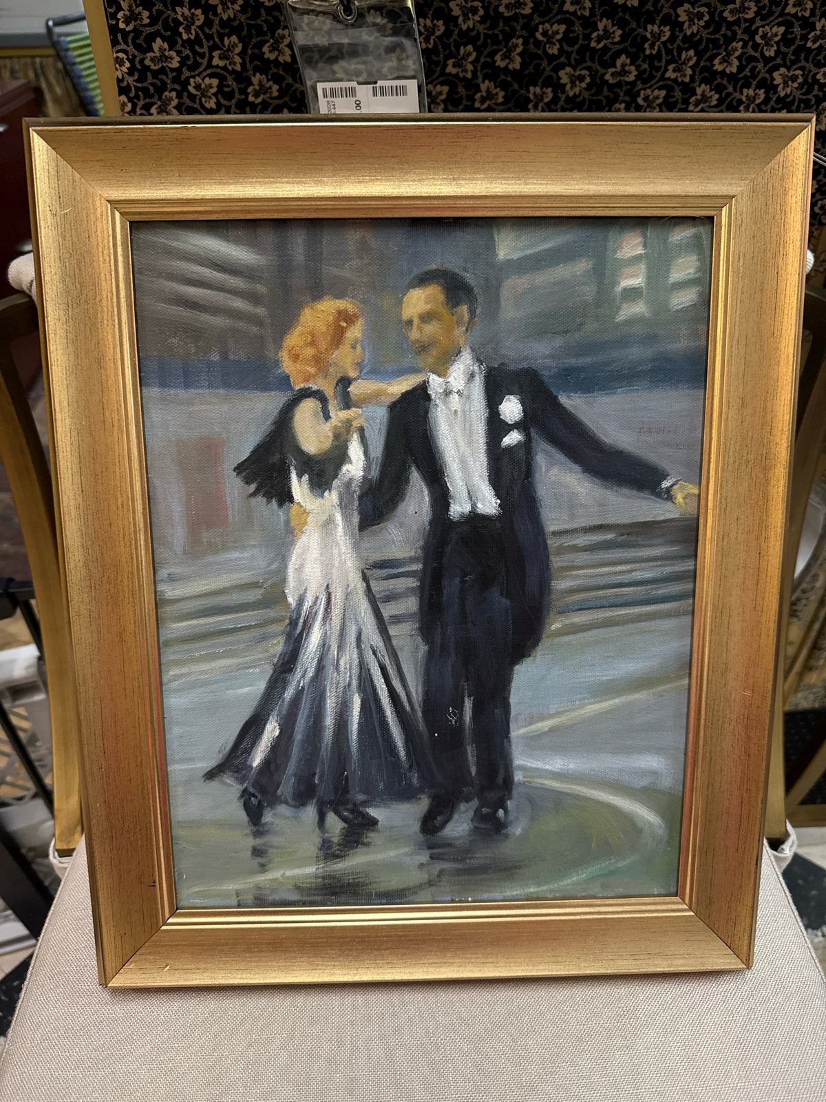 Vintage Art Deco-style Original Oil Painting "Dancing Til' Dawn" w/Gold -finish