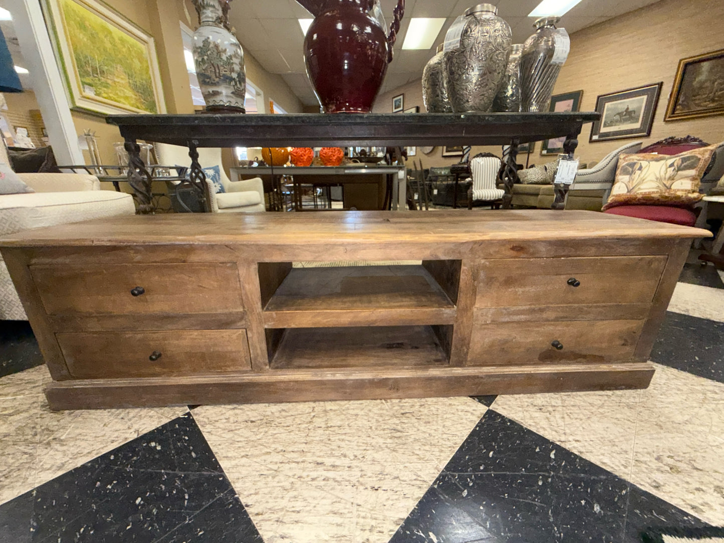 Rustic Wood Console Low Profile - 4 Drawers & 2 Shelf