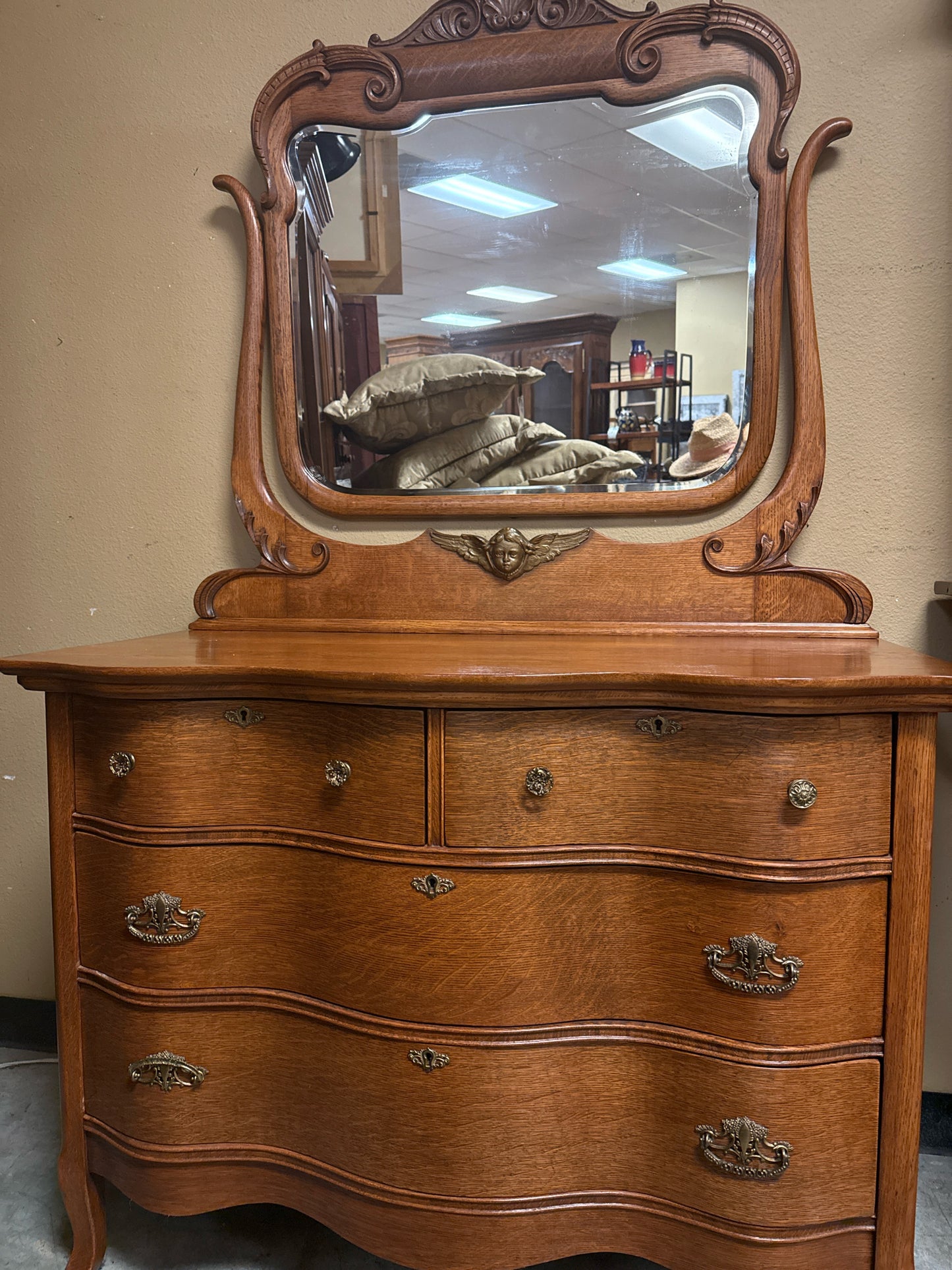 Antique Birdseye Maple Serpentine Dresser w/ Beveled Mirror
