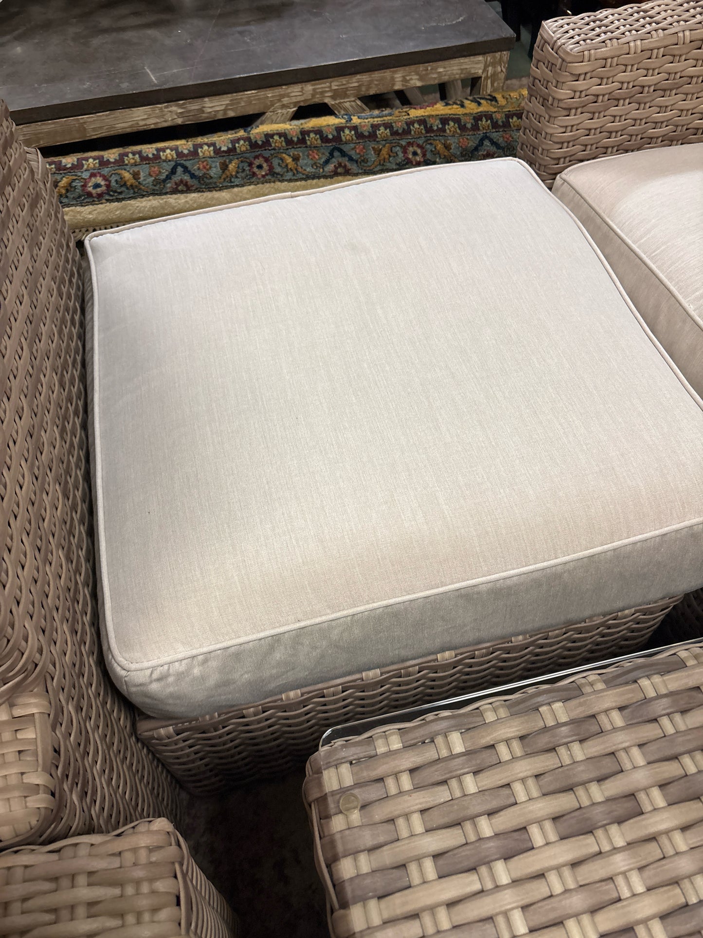 Handwoven All-Weather Resin Wicker Patio Ottoman w/ Sunbrella Sandy Color Fabric