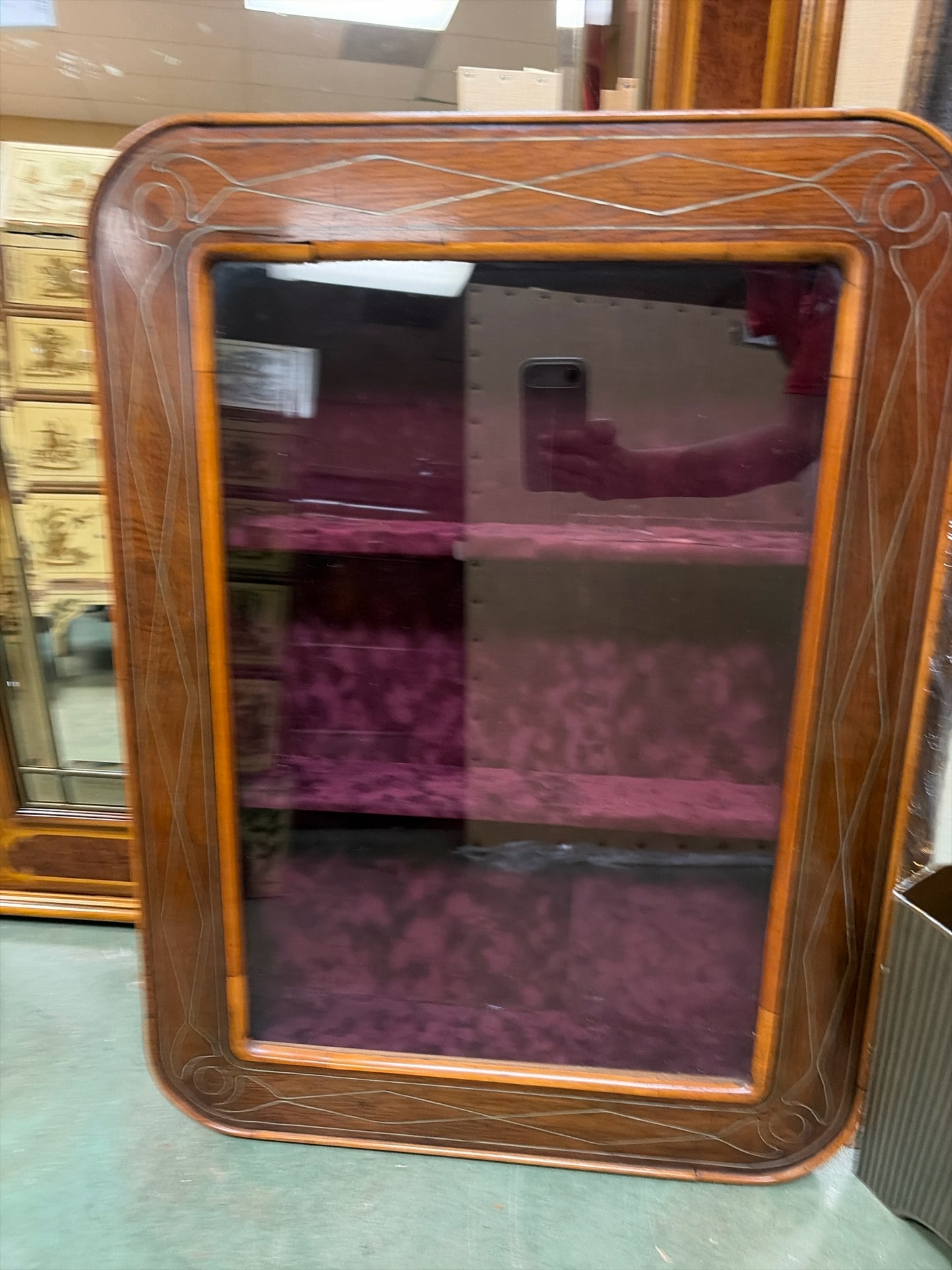 Vintage Art Deco-style Burgundy Velvet Curio Cabinet w/Walnut Inlay Marquetry w/