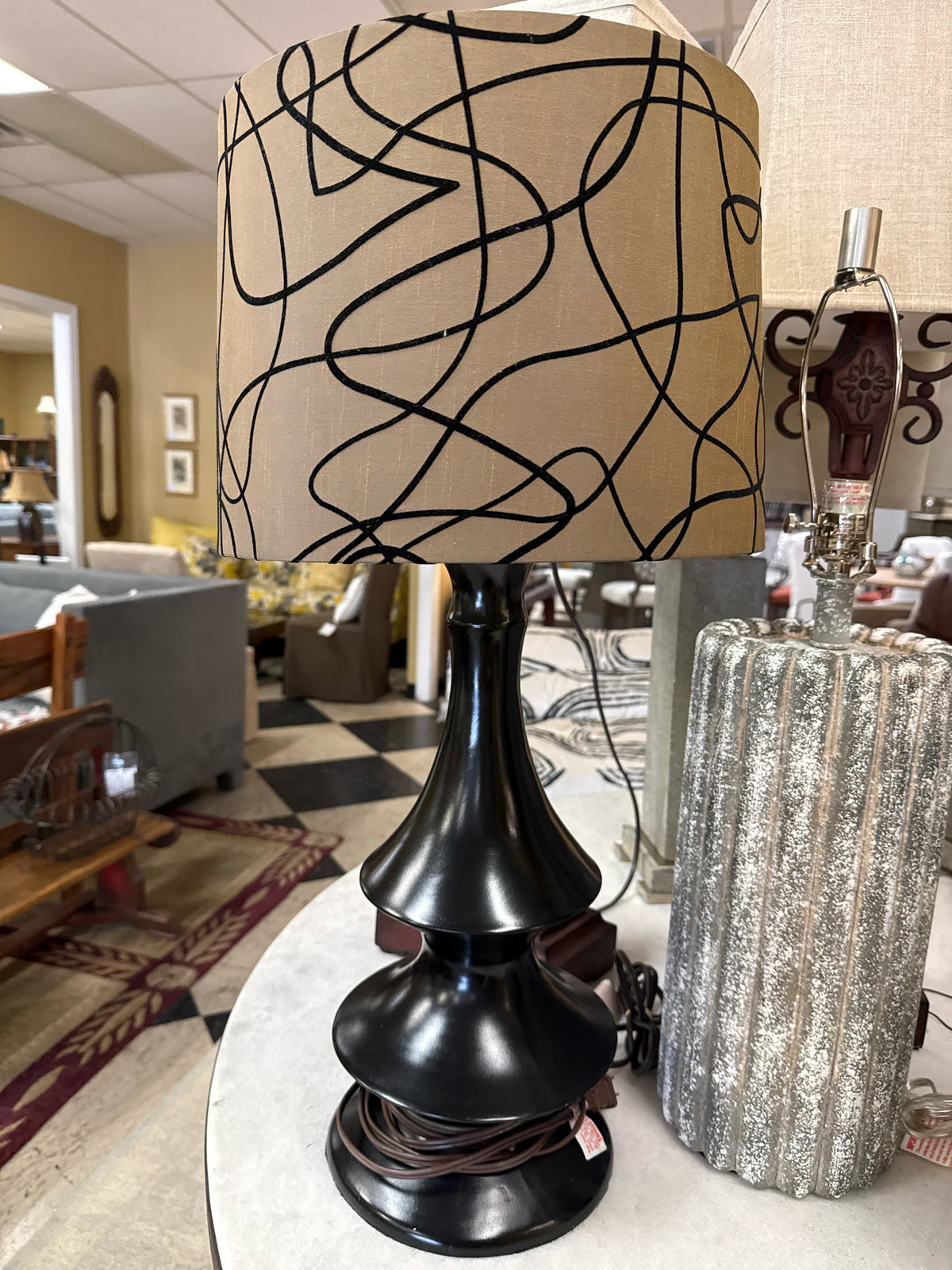 Black MCM Stacked Tier Table Lamp Taupe Black pattern Shade