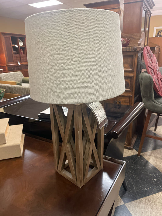 Pair Wooden Grey X Design Lamps w/Grey Shades