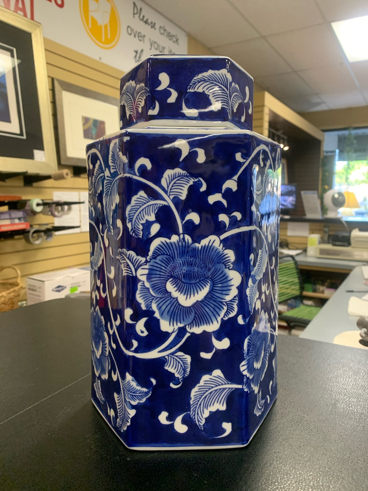 Hexagonal Blue & White Floral Ginger Jar w/ Lid 13"