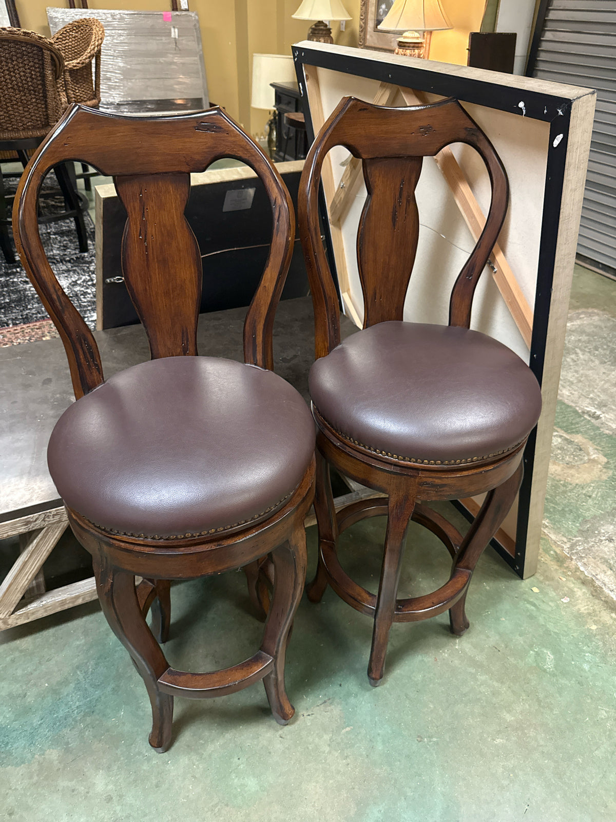 SET 3-Sigla Furniture-Italian Wood/Dark Brown Leather Swivel Barstools($1299-new