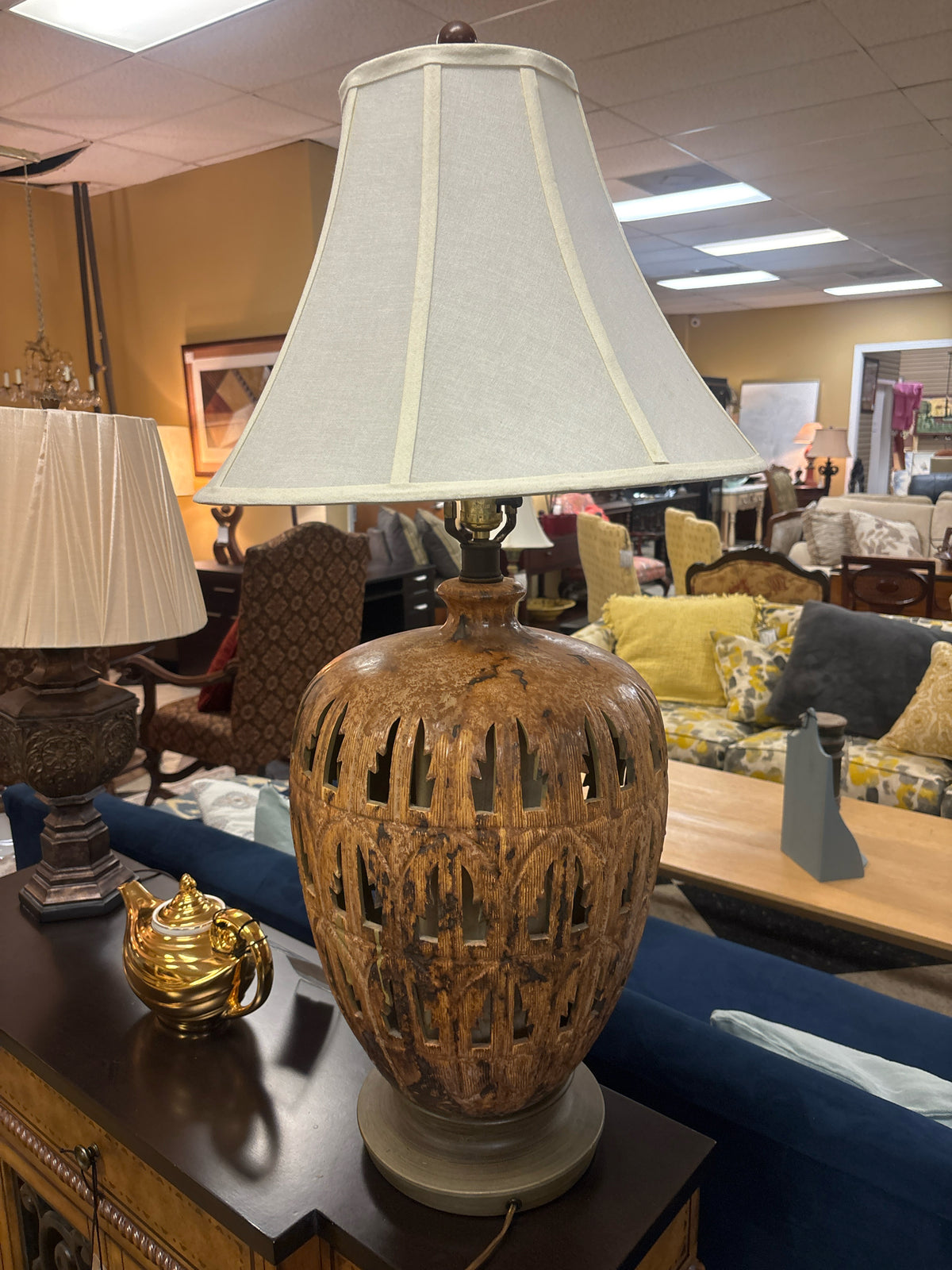 Boho Punchcut Palm Frond Lamp w/ Ivory Linen Shade