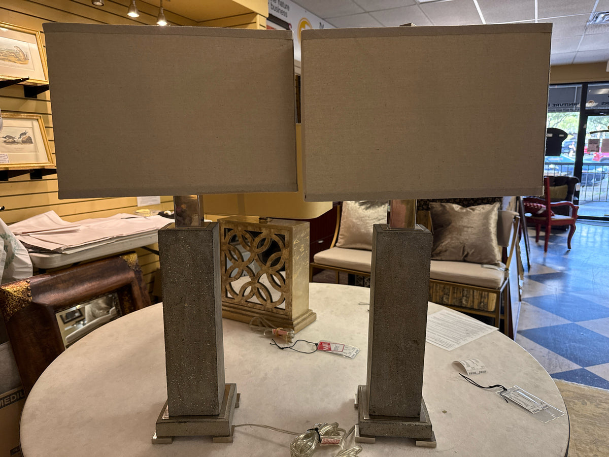 Pair Uttermost Textured Concrete Table Lamps Brushed Sliver Accents