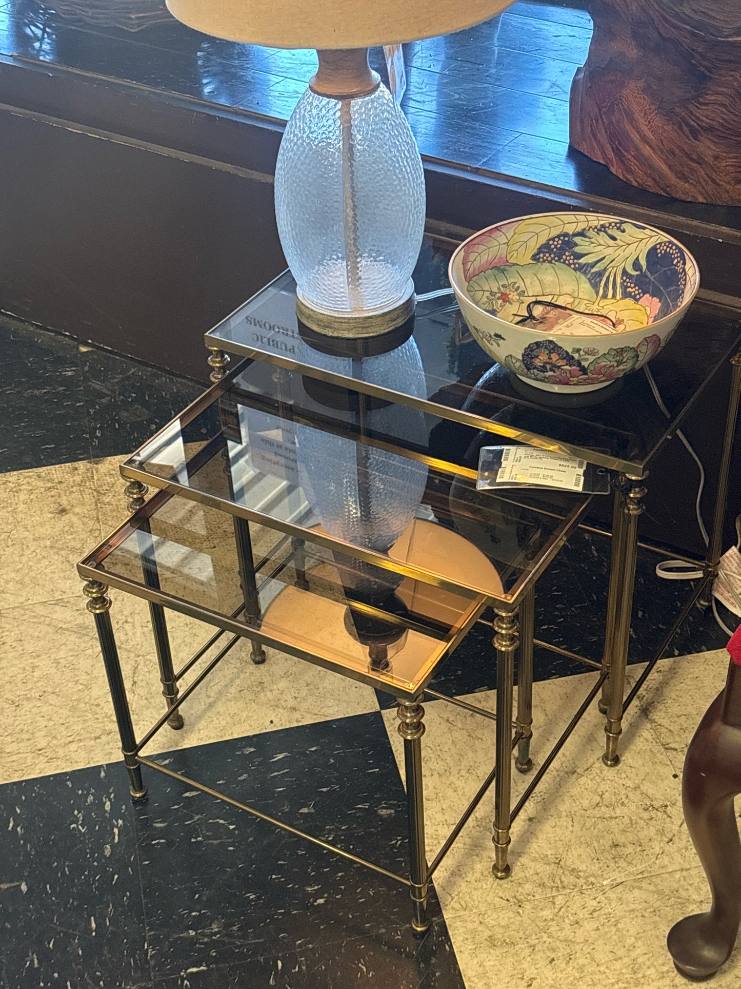 Vintage SET of 3 French Smoked Glass and Brass Nesting Tables w/ COA (17x13x20.