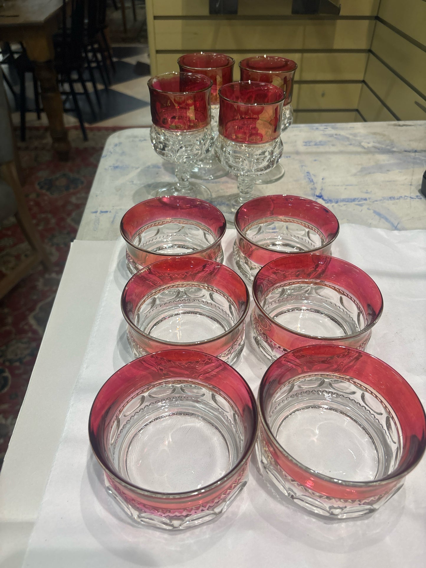 SET of 10 Vintage Kings Crown Ruby Thumbprint Goblets(4) & Fruit Cups(6)