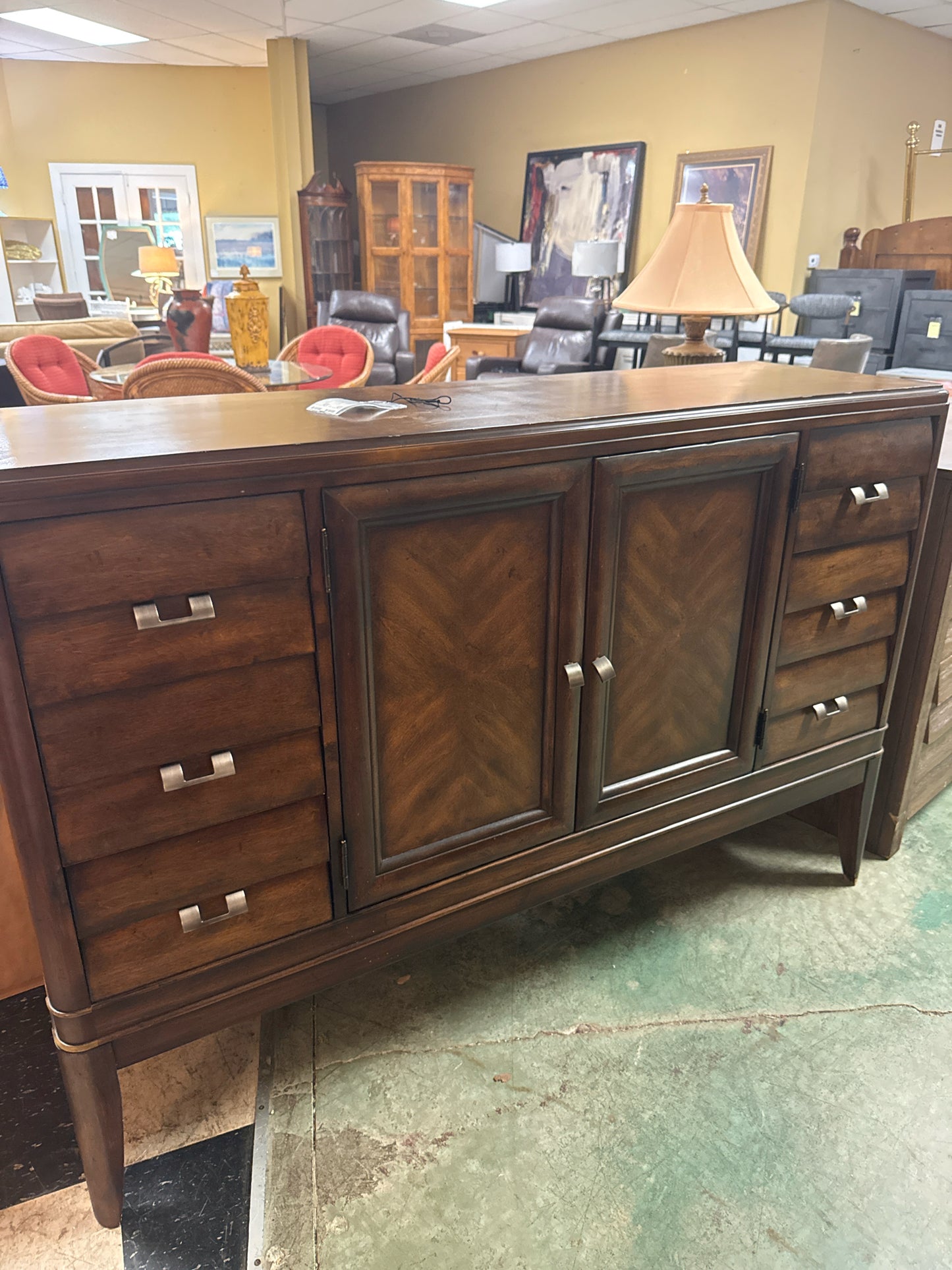 Brown Modern Credenza w/2 Doors & 6 Drawers