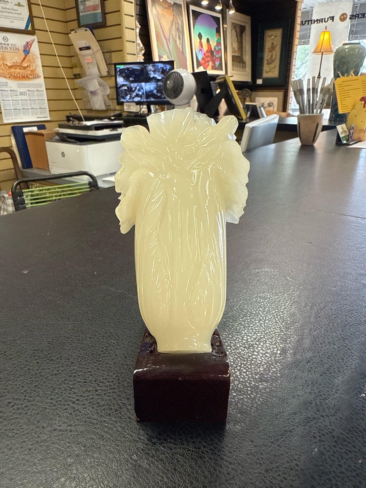 Hand Carved Jade Floral Iris on Laquered Stand