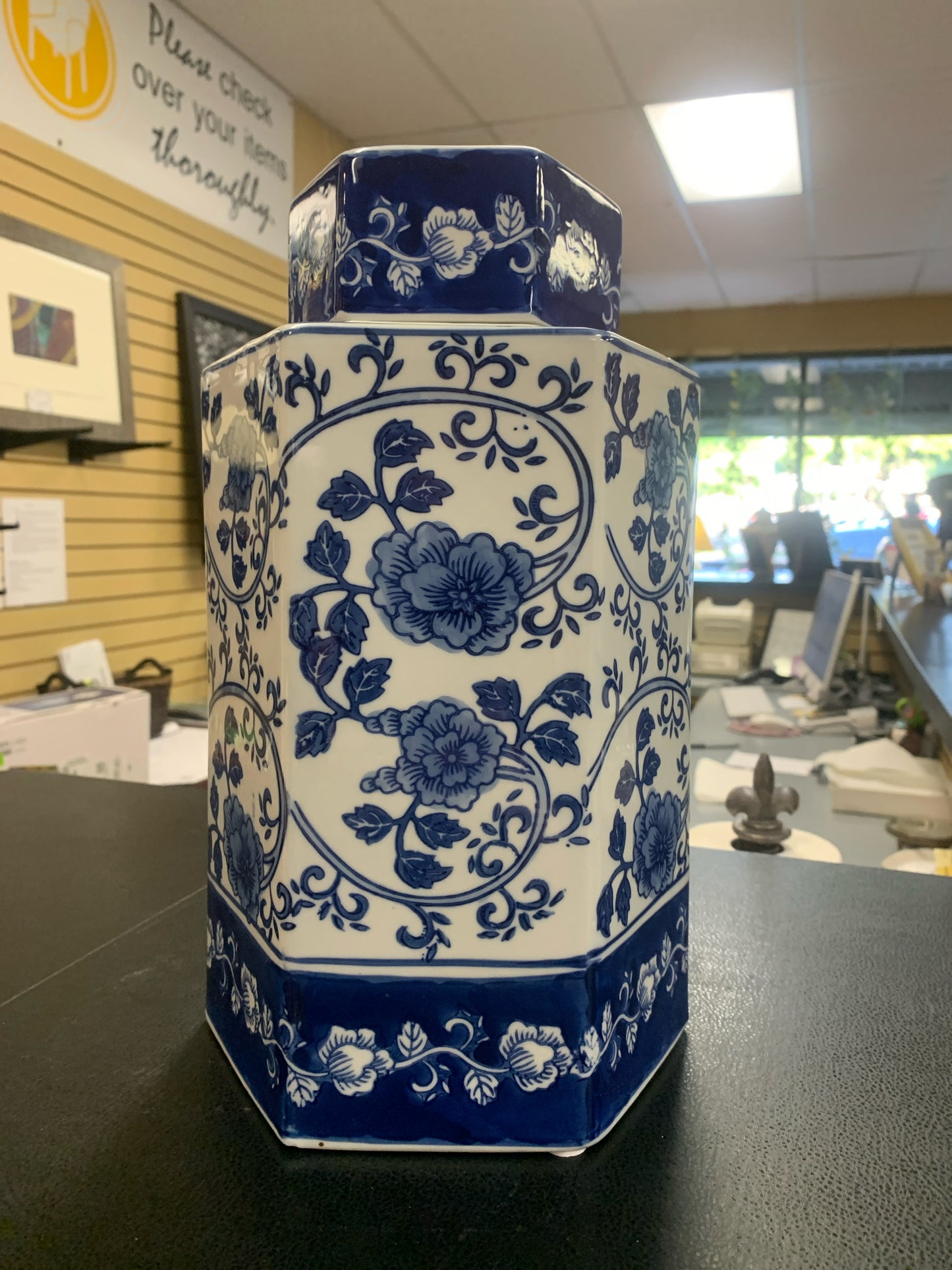 Hexagonal Blue & White Floral Ginger Jar w/ Lid 13"
