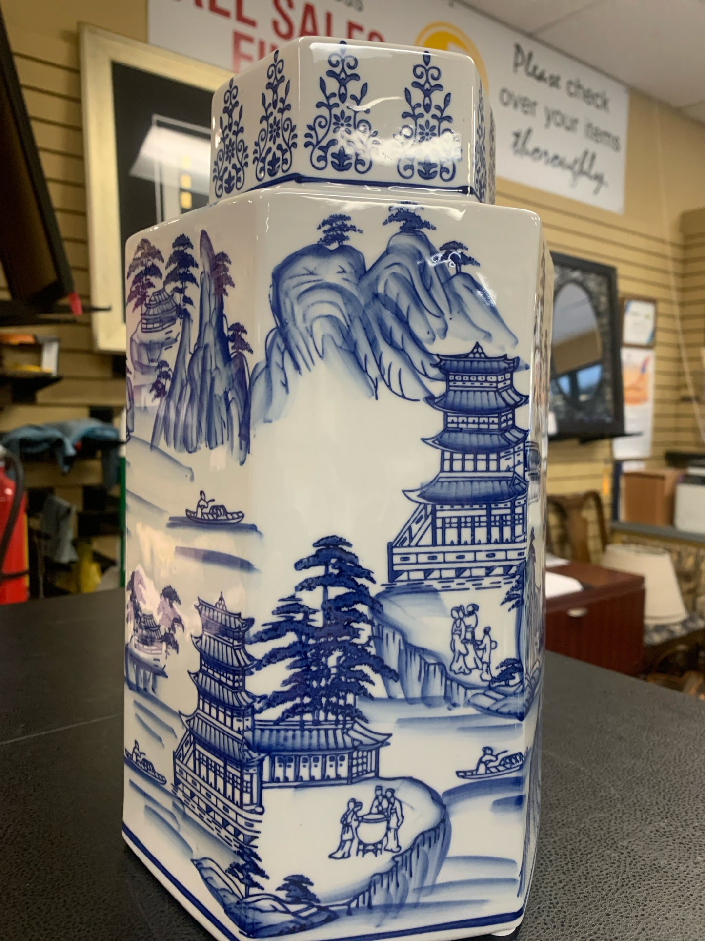 Hexagonal Blue & White Asian Village Ginger Jar w/ Lid 13"