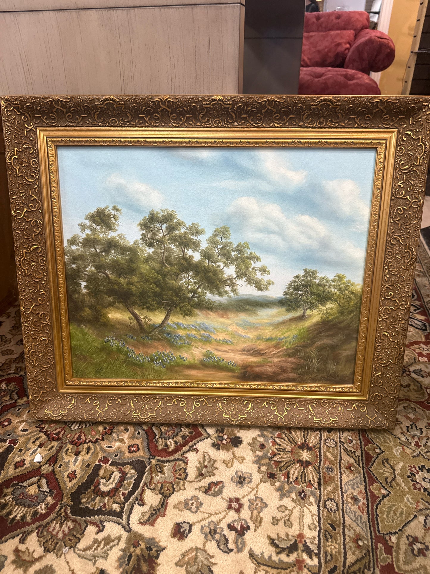 Signed by Laura Howell Original Oil of Texas Hill Country Wildflower Field w/Orn