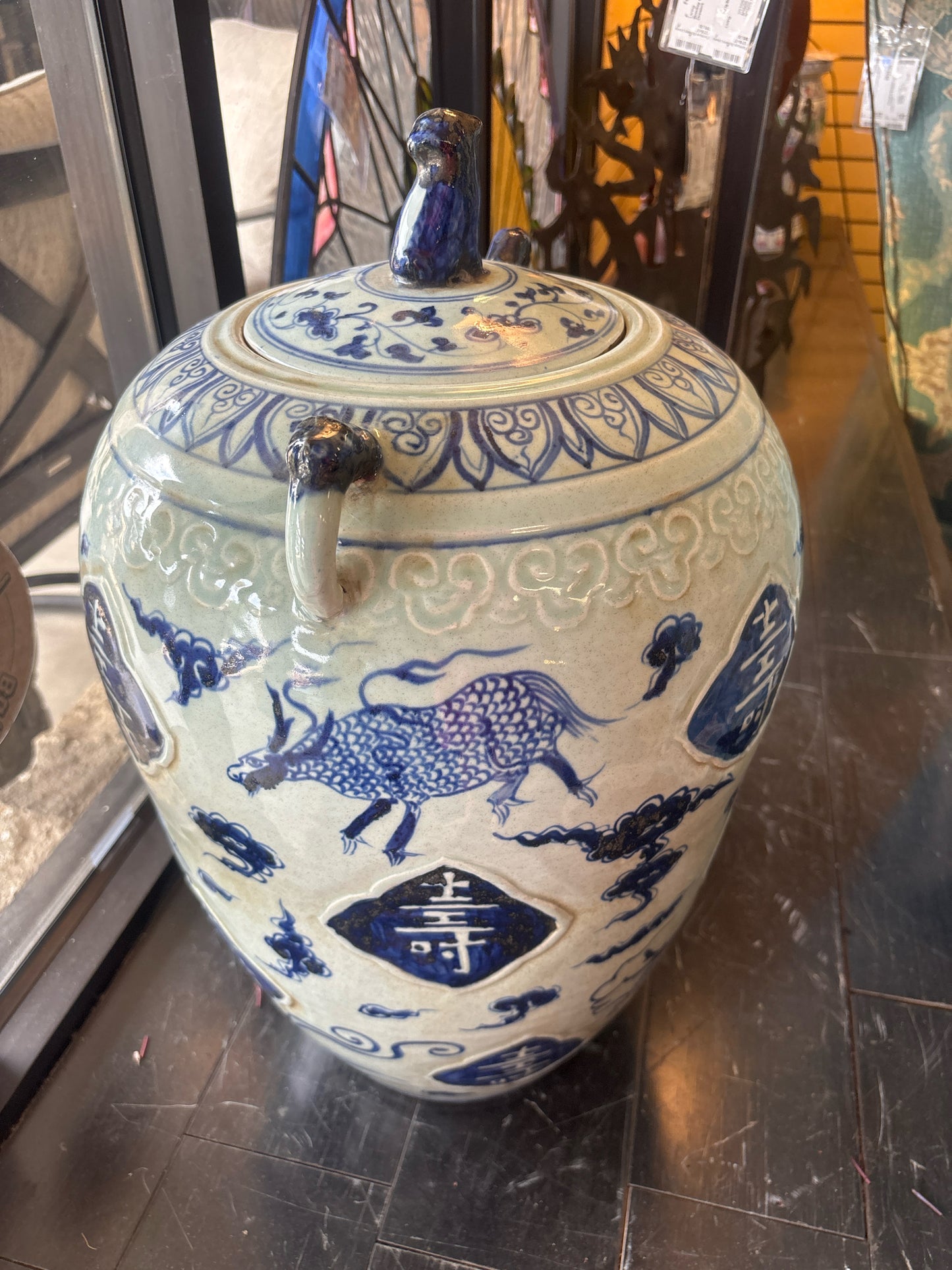 Vintage Large Blue & White Temple Jar w/Foo Dog Lid