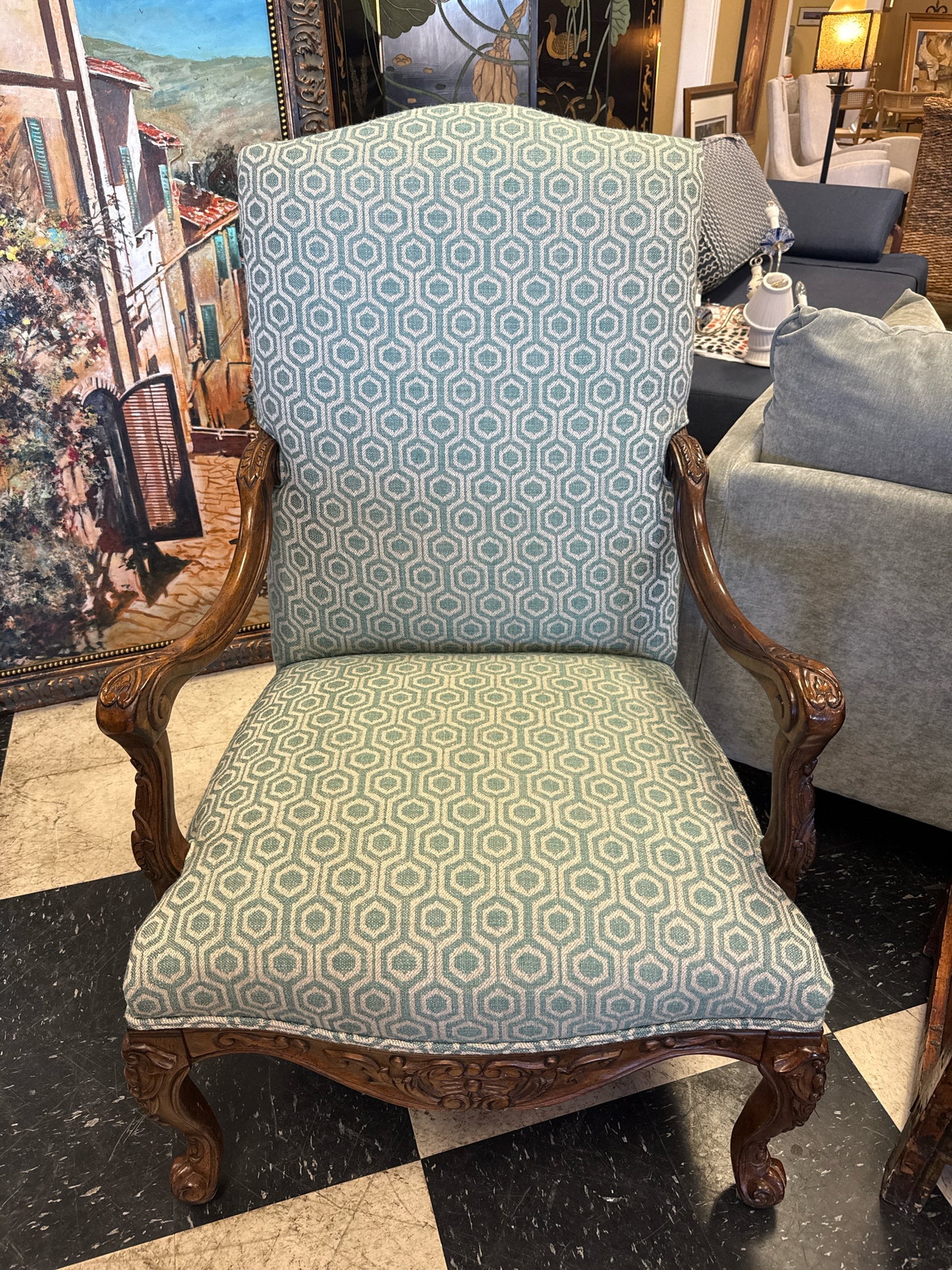 French Style Carved Wood Upholstered Accent Arm Chair Turquoise/Cream