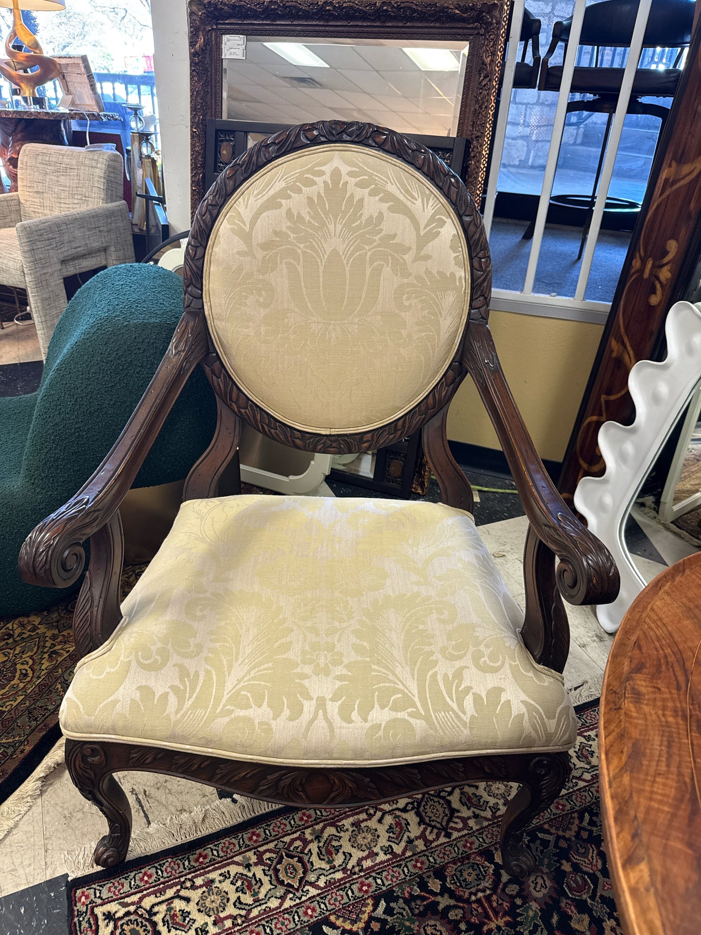 French Provincial Upholstered Reproduction Arm Chair Beige Color