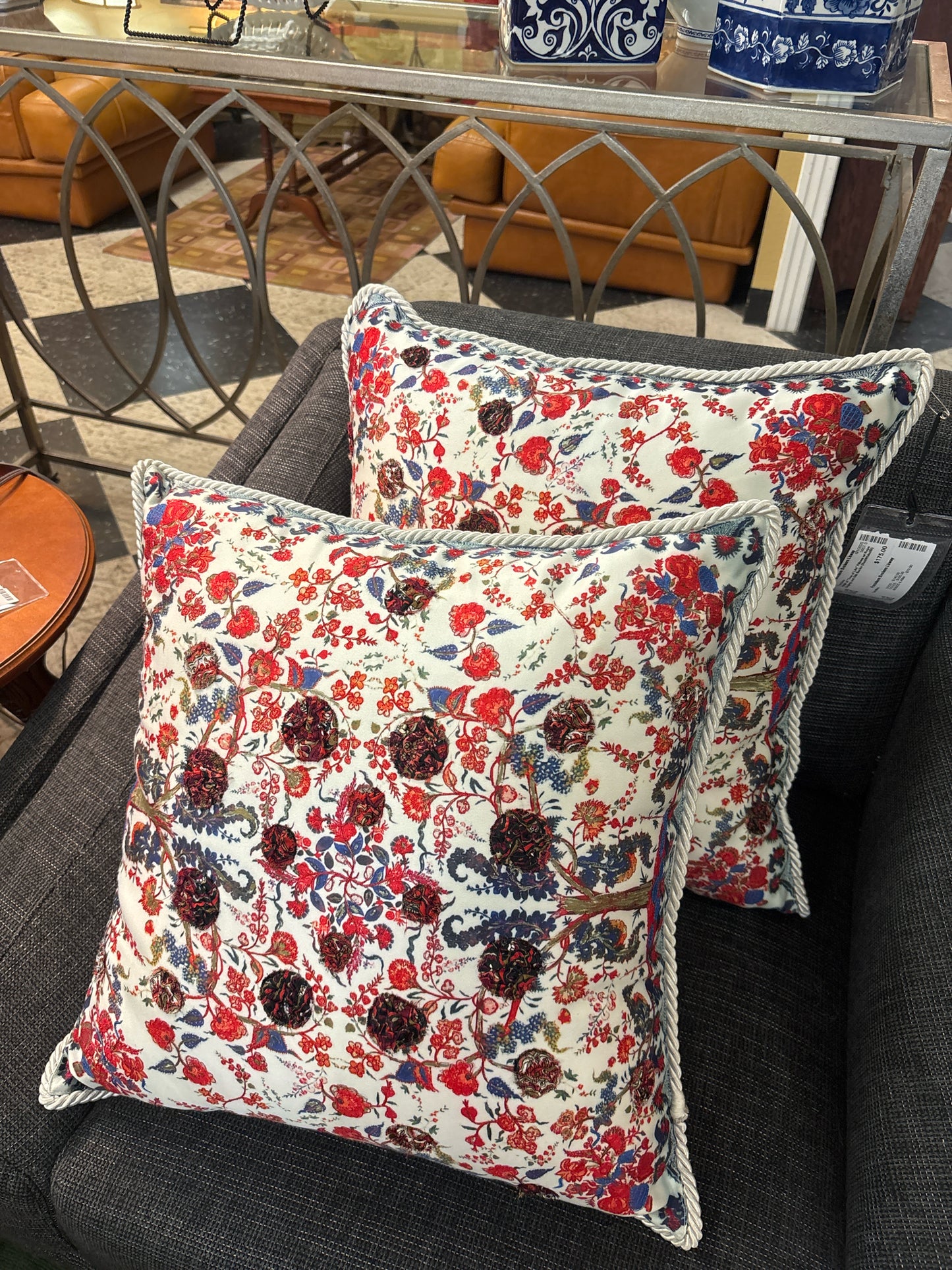 PAIR of "Tree of Life" Pillows w/ Rope Edging and Silk Backs (Red/White/Bl)