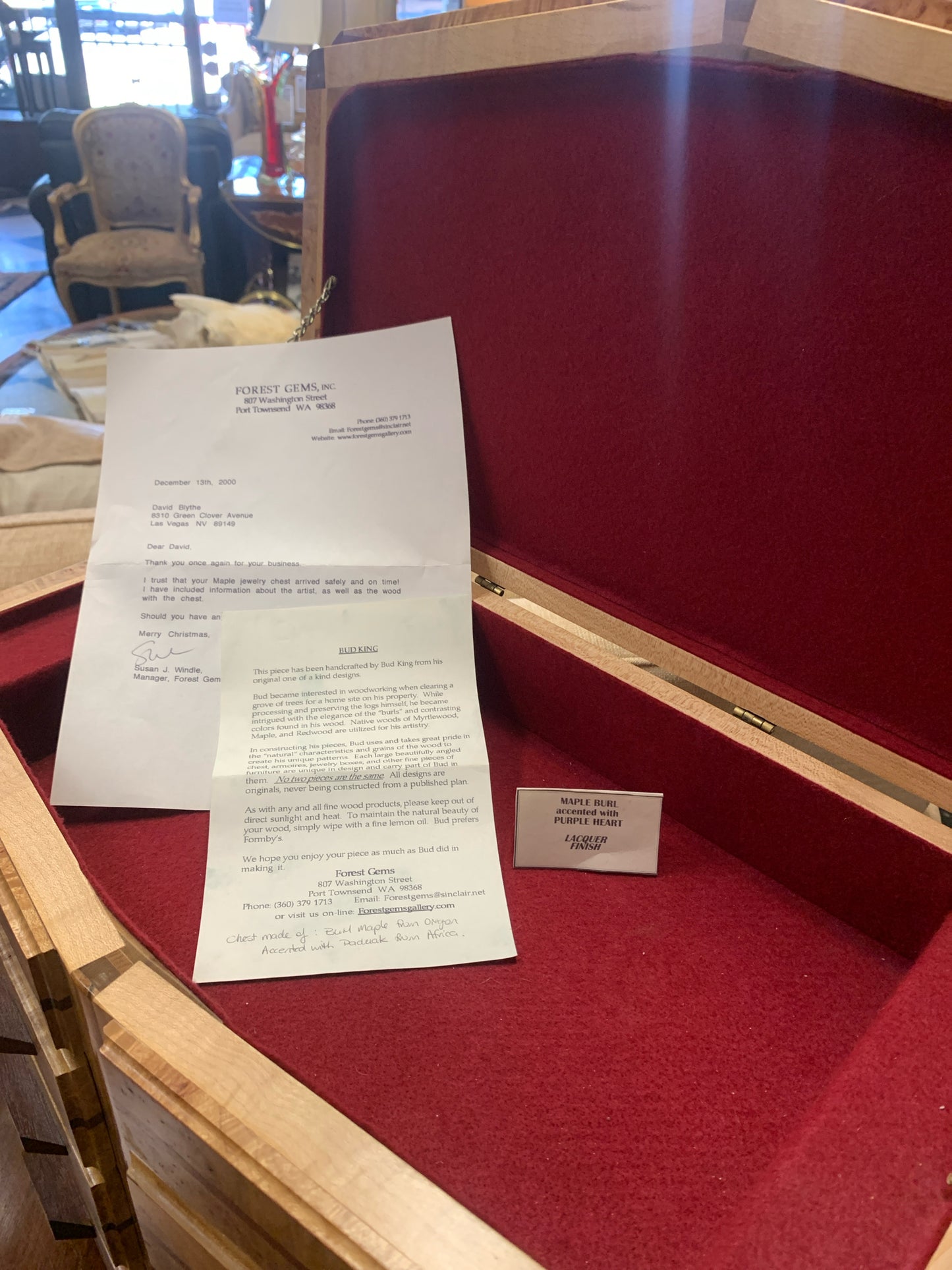 Signed - Burl Wood Custom Jewelry Box by Bud King w/Paperwork