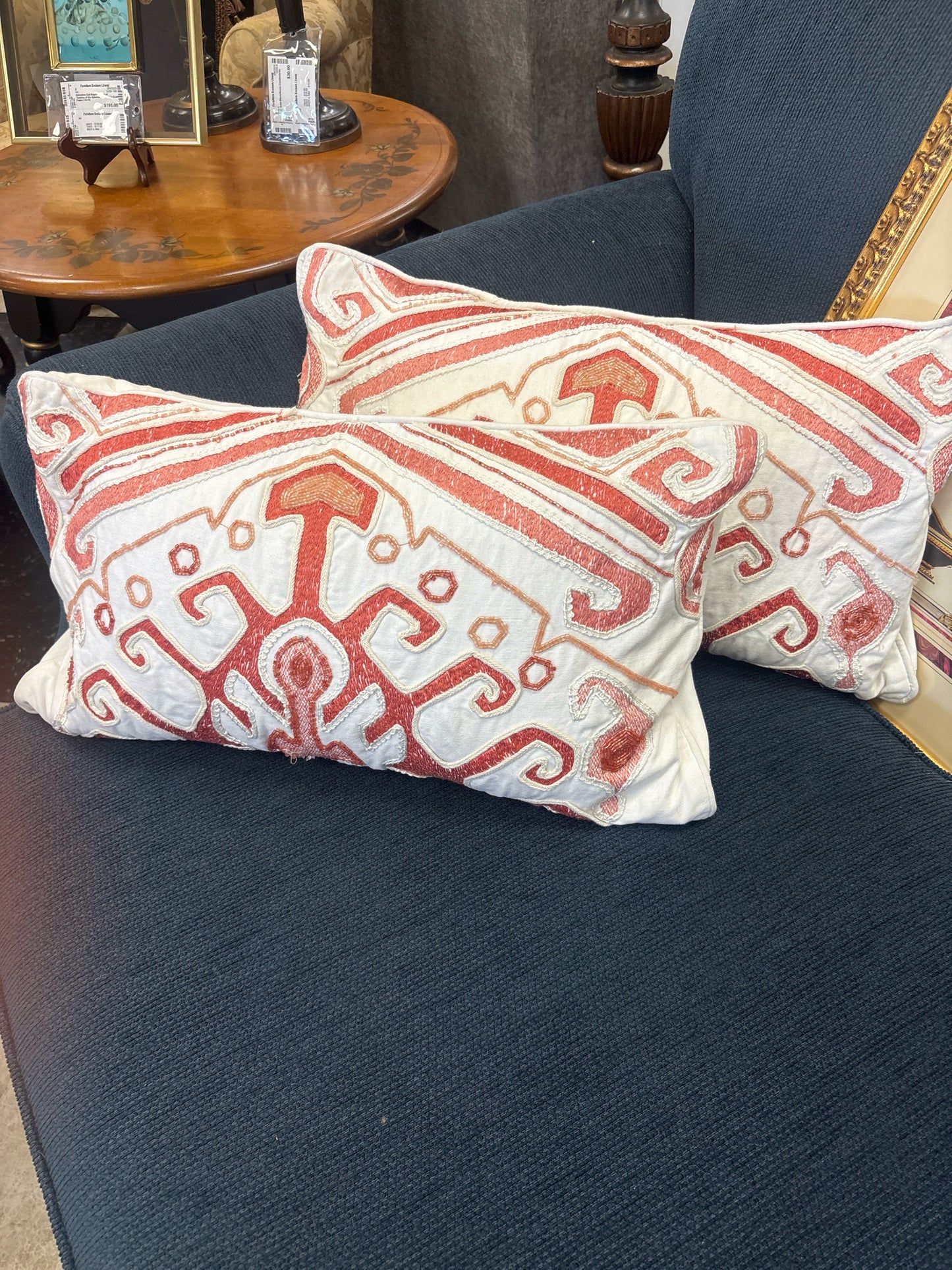 PAIR of Coral & White Lumbar Pillows w/ Beading & Stitchwork